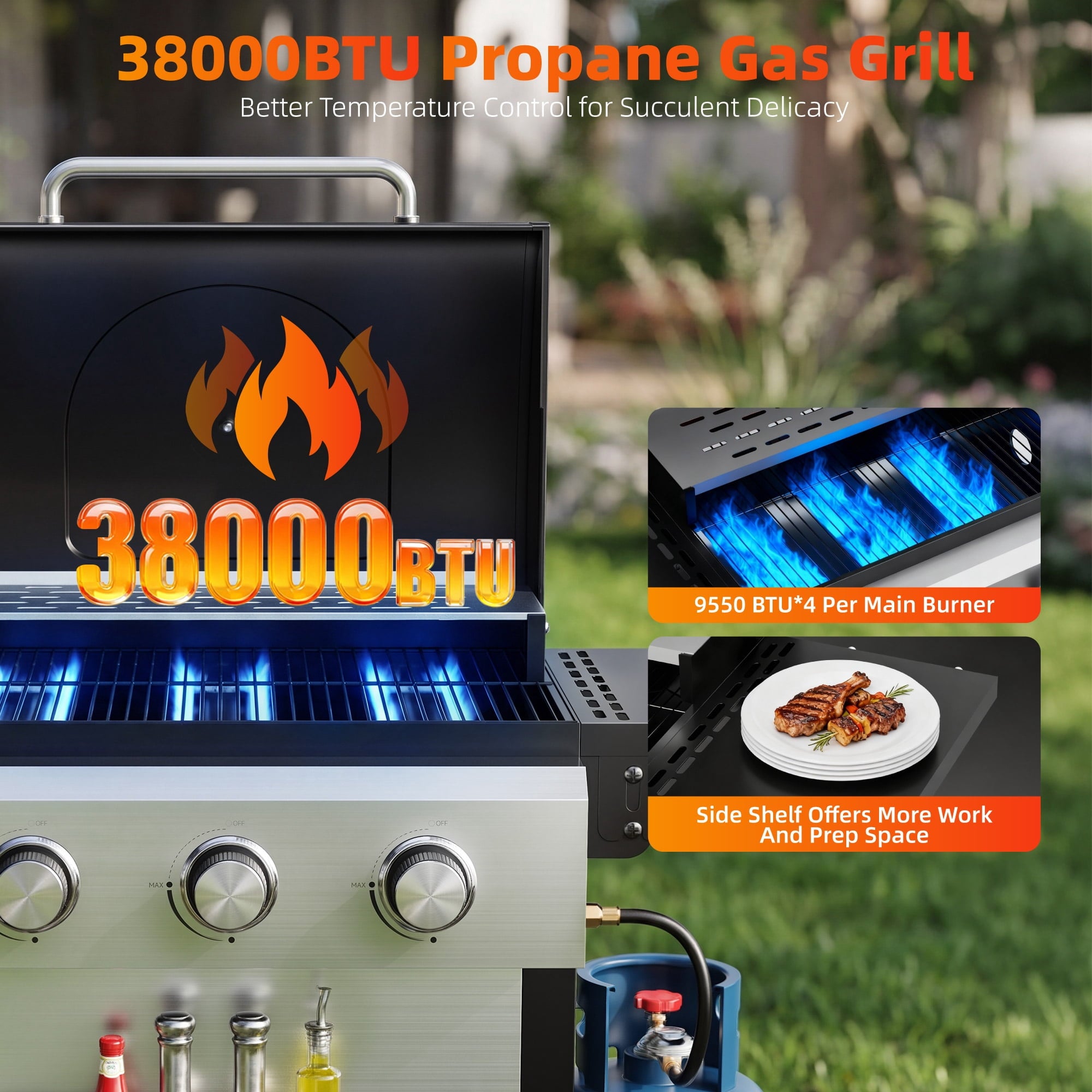 Biotree 4 Burner BBQ Propane Gas Grill, Stainless Steel 38,000 BTU Patio Garden Barbecue Grill with Two Foldable Shelves