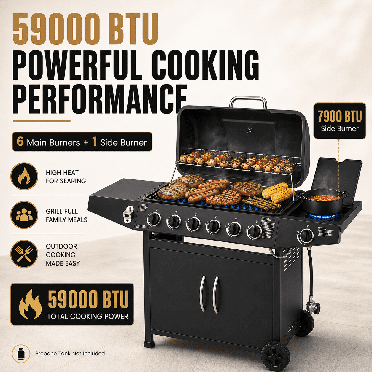 6-Burner Propane Gas Grill with Side Burner, 59000 BTU Outdoor BBQ Grill with Porcelain-Enameled Grates, Warming Rack, Side Tables, Bottle Opener, Thermometer and Wheels for Patio Backyard Cooking