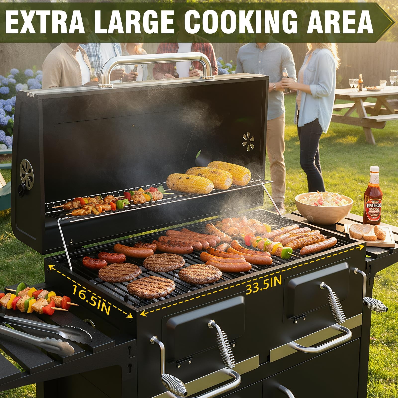 Bestfire Extra Large Charcoal BBQ Grill with Oversized Cooking Space, Dual Charcoal Trays, Enamel Grates & Chrome Warming Rack, Outdoor Barbecue Smoker with 4 Wheels & Side Tables