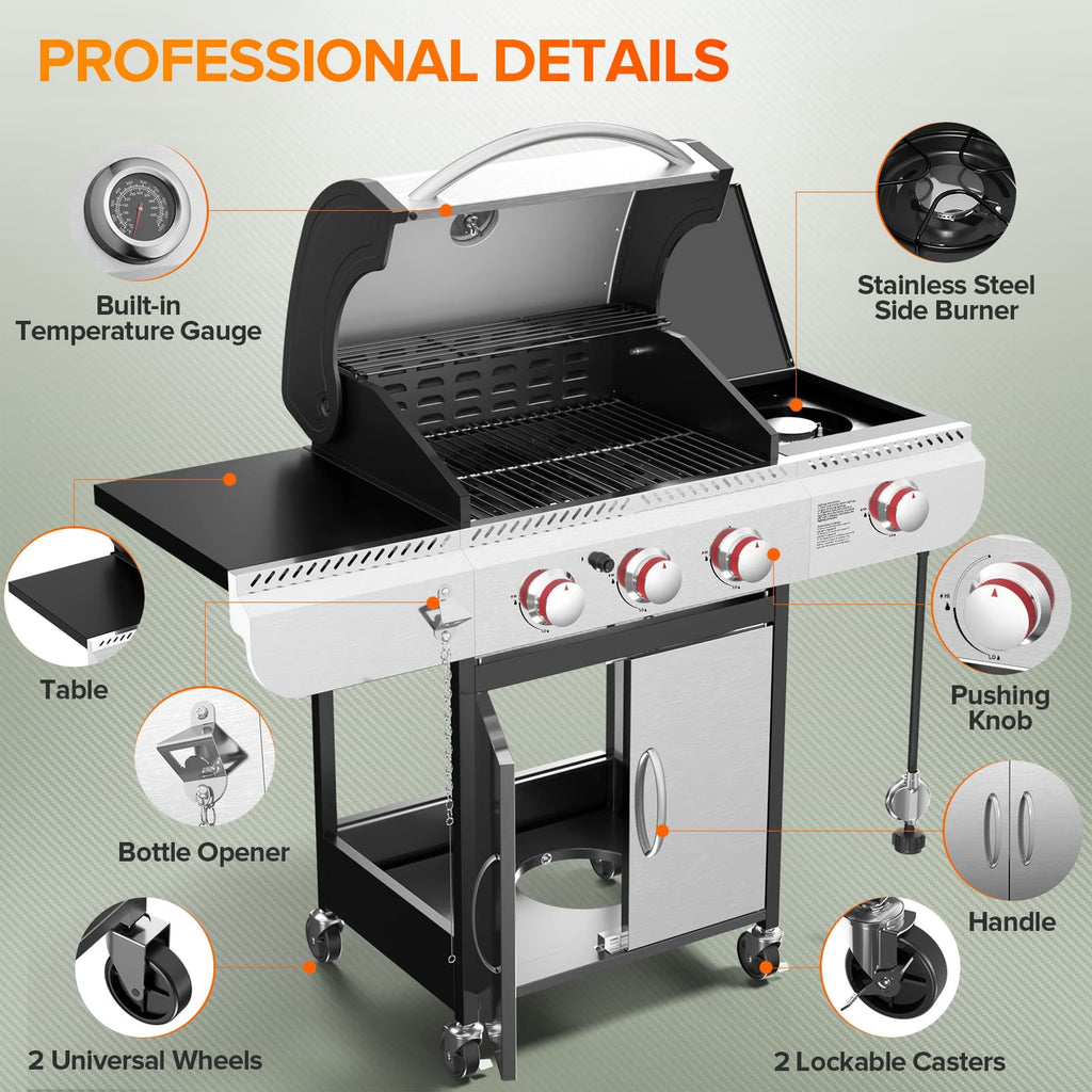 LHRIVER Stainless Steel 3 Burner Propane Gas Grill with Side Burner, 34,000 BTU Patio Garden Barbecue Grill,Porcelain-Enameled Cast Iron Grates