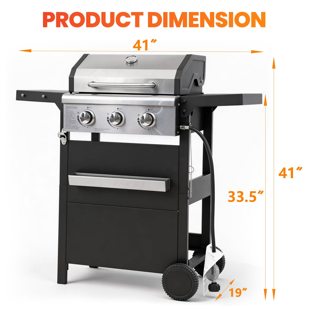 Segmart 3 Burner BBQ Propane Gas Grill, Stainless Steel 27,000 BTU Patio Garden Barbecue Grill with Side Tables, Hanging Basket & Thermometer, Perfect for Camping, Outdoor Cooking