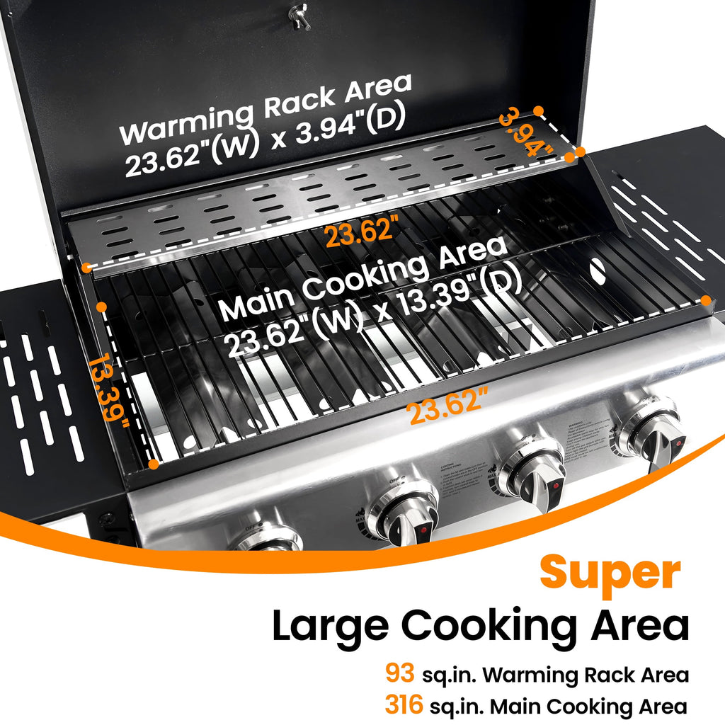 Segmart 3 Burner BBQ Propane Gas Grill, Stainless Steel 27,000 BTU Patio Garden Barbecue Grill with Side Tables, Hanging Basket & Thermometer, Perfect for Camping, Outdoor Cooking