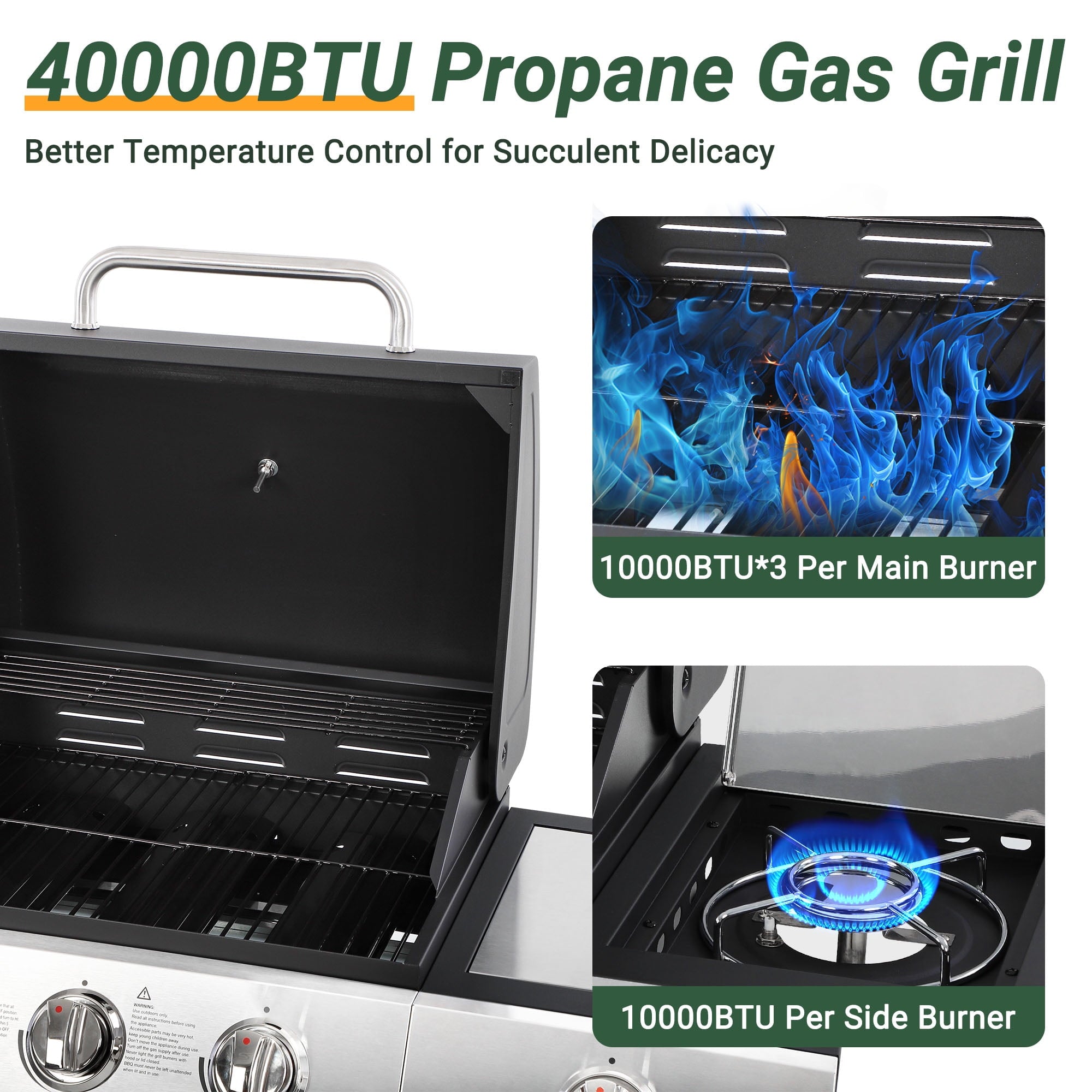 Enyopro 3-Burner Propane Gas Grill, 30000 BTU BBQ Grill with Foldable Side Table, Stainless Steel Warming Rack, Hooks, and Built-In Bottle Opener for Outdoor Barbecue