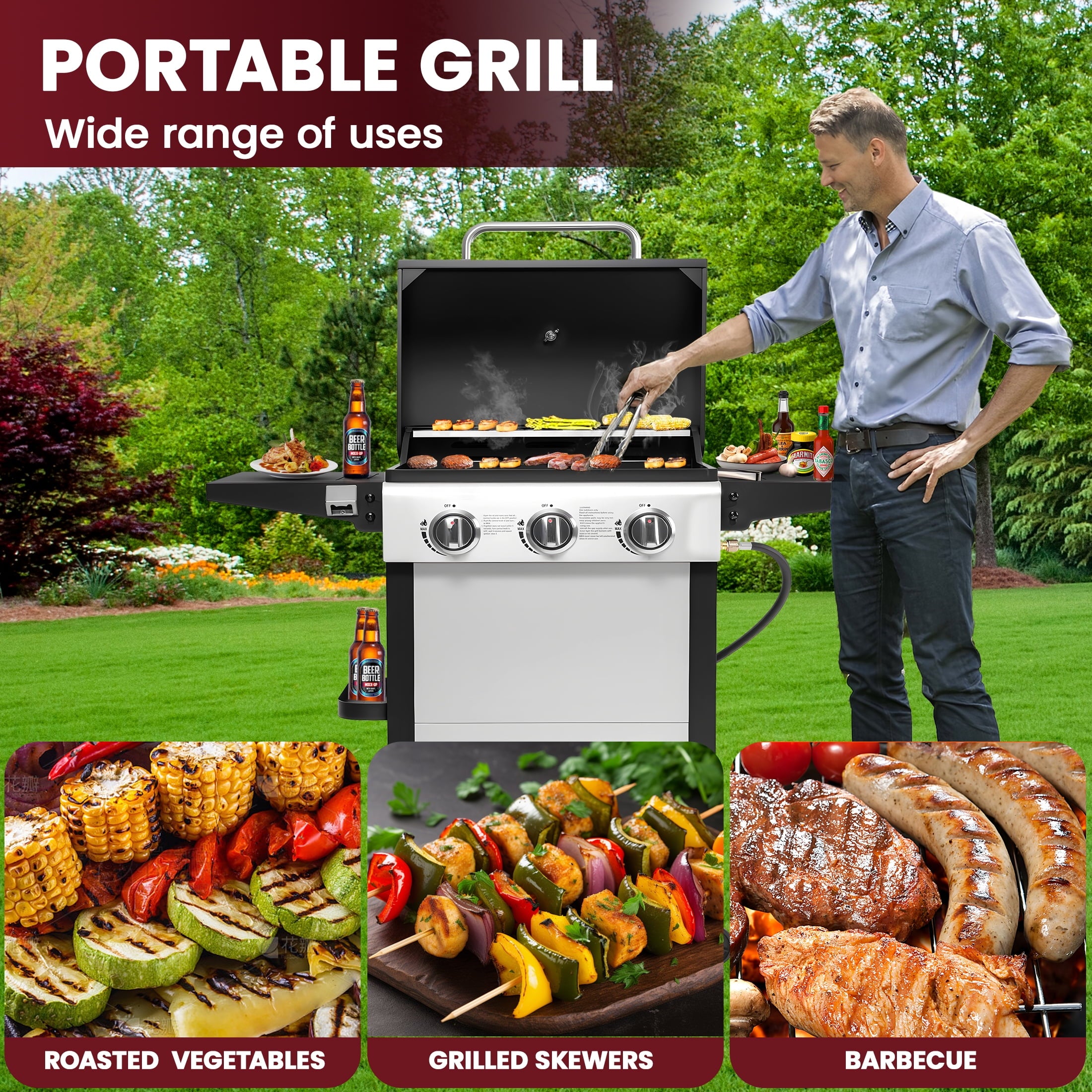Enyopro 3-Burner Propane Gas Grill, 30000 BTU BBQ Grill with Foldable Side Table, Stainless Steel Warming Rack, Hooks, and Built-In Bottle Opener for Outdoor Barbecue