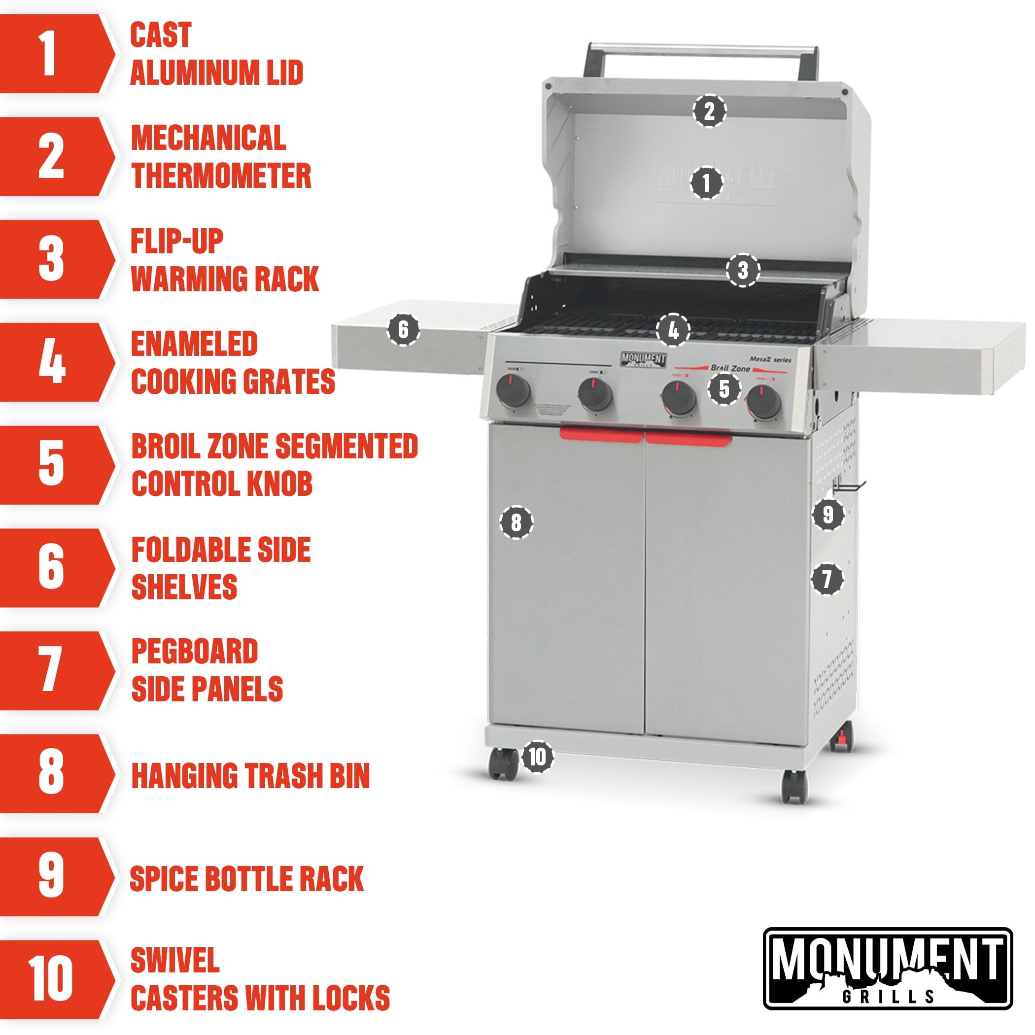 Monument Grills 4 Burner Propane Gas Grill ,Stainless Steel Outdoor Patio Barbecue Grill with Folding Shelves and Flip Rack, Mesa II 410BZ