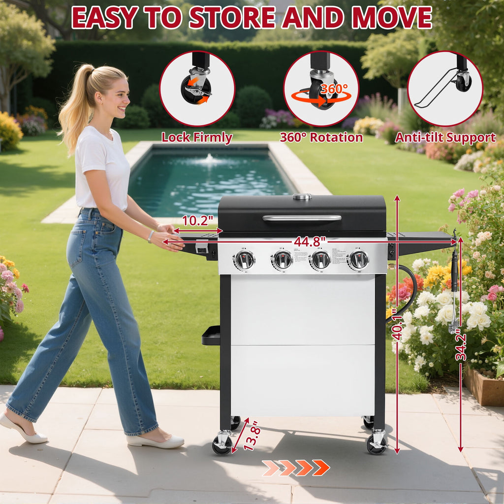 Outdoor BBQ Grill, Powerful 30,000BTU Gas Propane Grill, Stainless Steel Grill with Storage Shelves, Portable Grill for RV Party Camping Patio