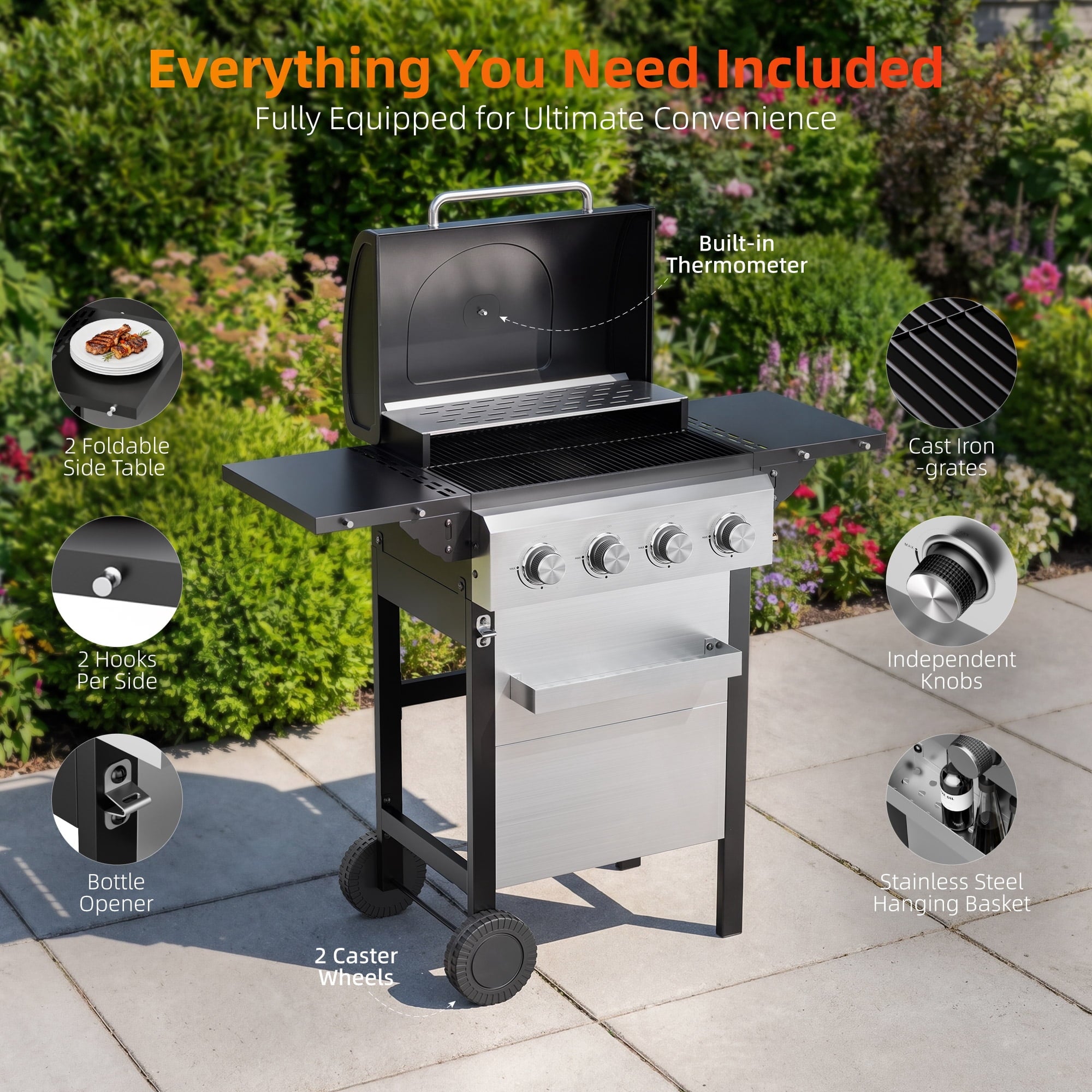 Biotree 4 Burner BBQ Propane Gas Grill, Stainless Steel 38,000 BTU Patio Garden Barbecue Grill with Two Foldable Shelves