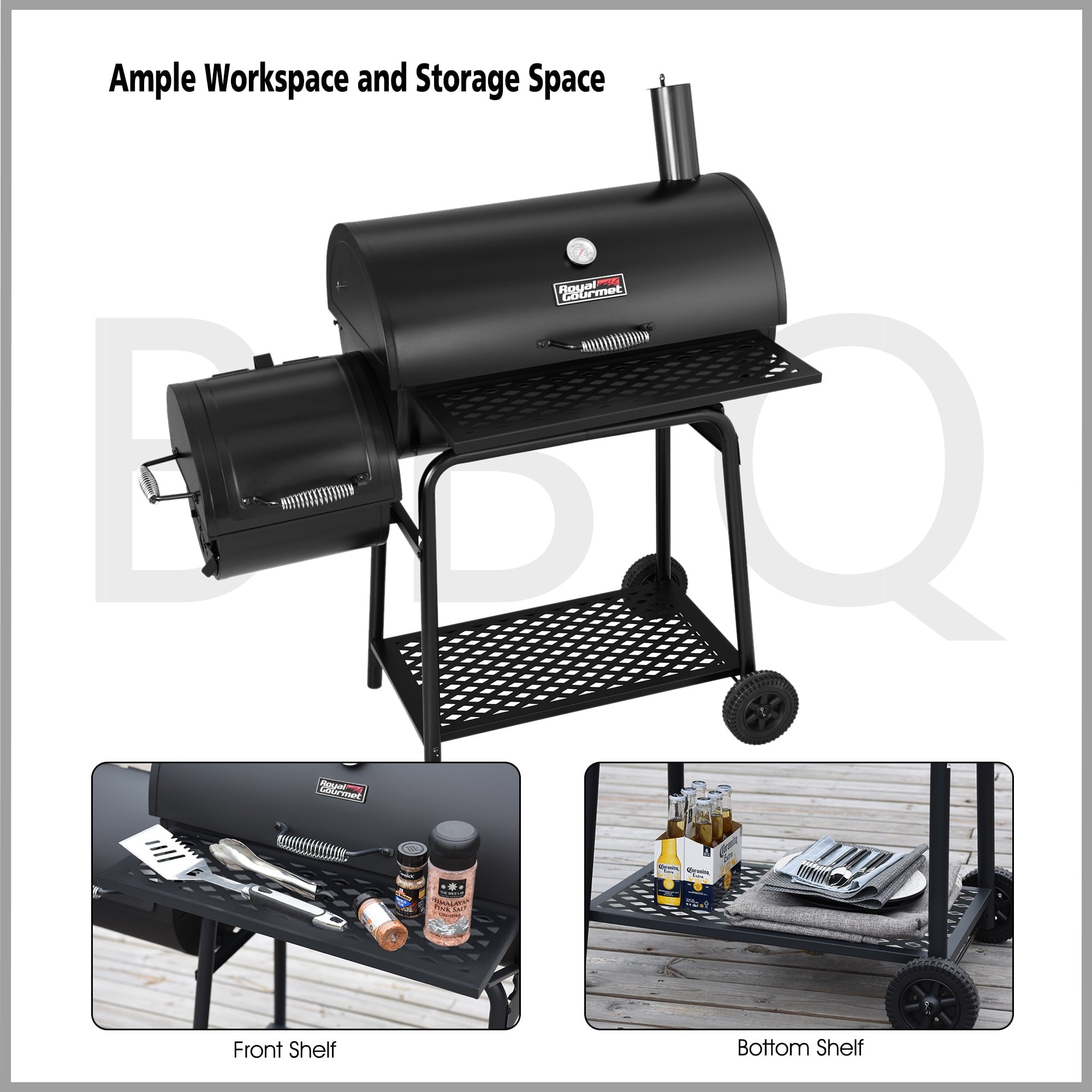 Royal Gourmet CC1830FC 28 Charcoal Grill with Offset Smoker, With Cover,855 Sq. In. Cooking Area, Front Shelf,Charcoal Grill for Outdoor Grilling and Backyard Cooking, Black