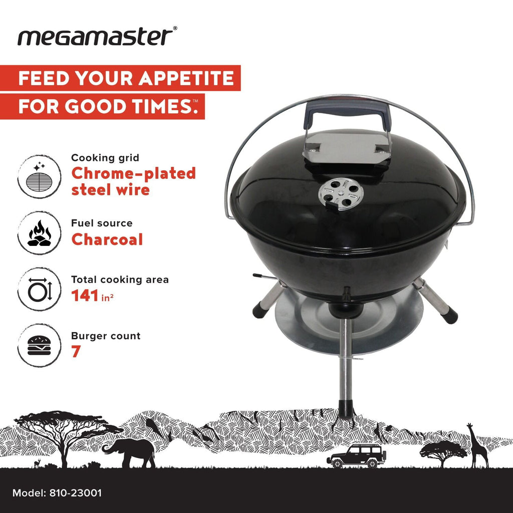 Megamaster – 22 Deluxe Charcoal Barbecue Grill with Adjustable Air Vent, Built-In Temperature Gauge, 368 SQ. In Cooking Area, Storage Rack, Portable Grill for Camping, Picnics, and More - 810-23003