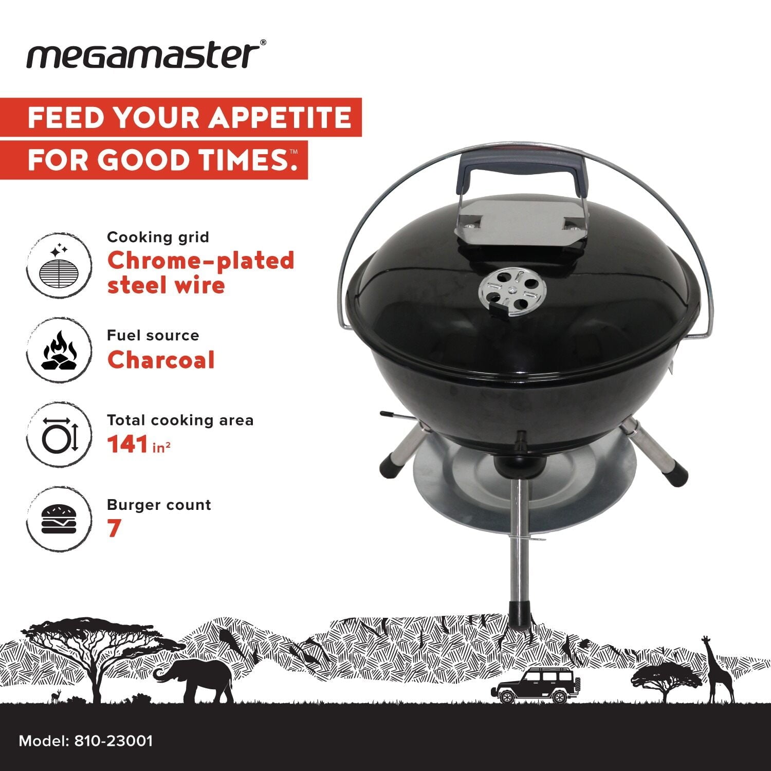 Megamaster – 22 Deluxe Charcoal Barbecue Grill with Adjustable Air Vent, Built-In Temperature Gauge, 368 SQ. In Cooking Area, Storage Rack, Portable Grill for Camping, Picnics, and More - 810-23003