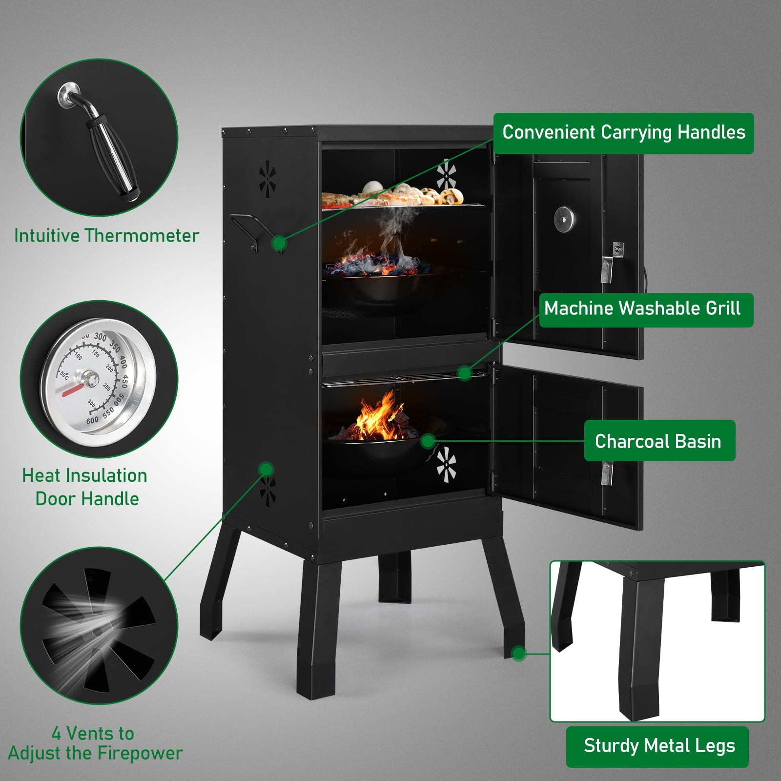 Zimtown Charcoal Grill BBQ Smoker Outdoor Barbecue Pit with 3 Levels Patio Backyard Black