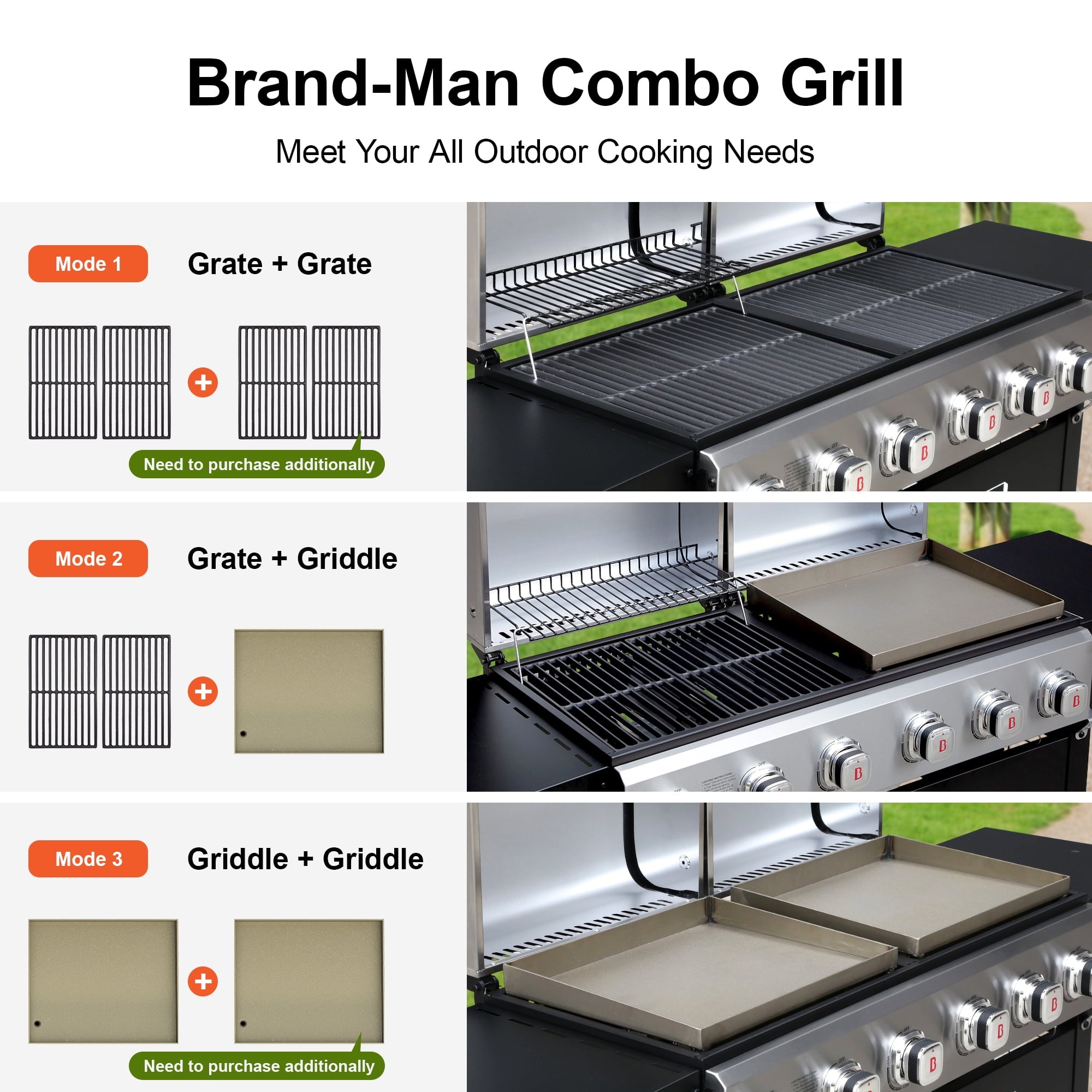 Brand Man Propane Gas & Charcoal Grill Combo with Griddle Dual Fuel BBQ Grill for Outdoor Barbecue, Black