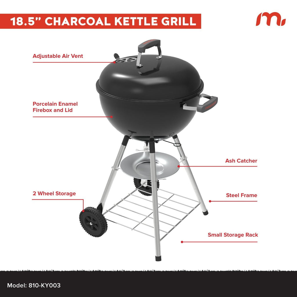 Megamaster – 22 Deluxe Charcoal Barbecue Grill with Adjustable Air Vent, Built-In Temperature Gauge, 368 SQ. In Cooking Area, Storage Rack, Portable Grill for Camping, Picnics, and More - 810-23003