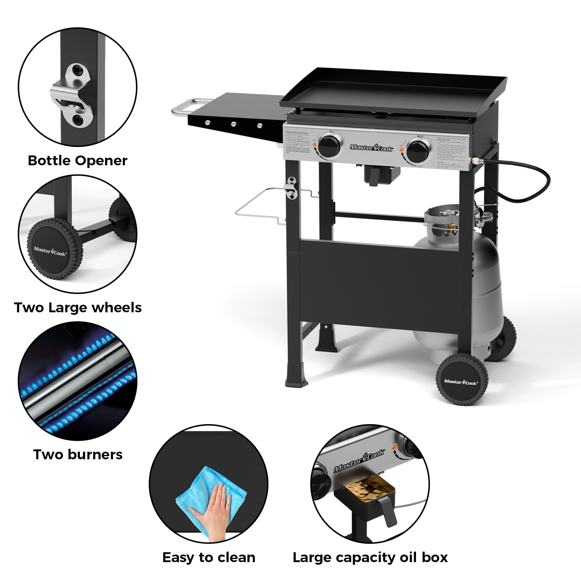 Master Cook 2-Burners Propane Griddle, Flat Top Gas Grill Griddle with Side Shelves for Outdoor BBQ, Camping