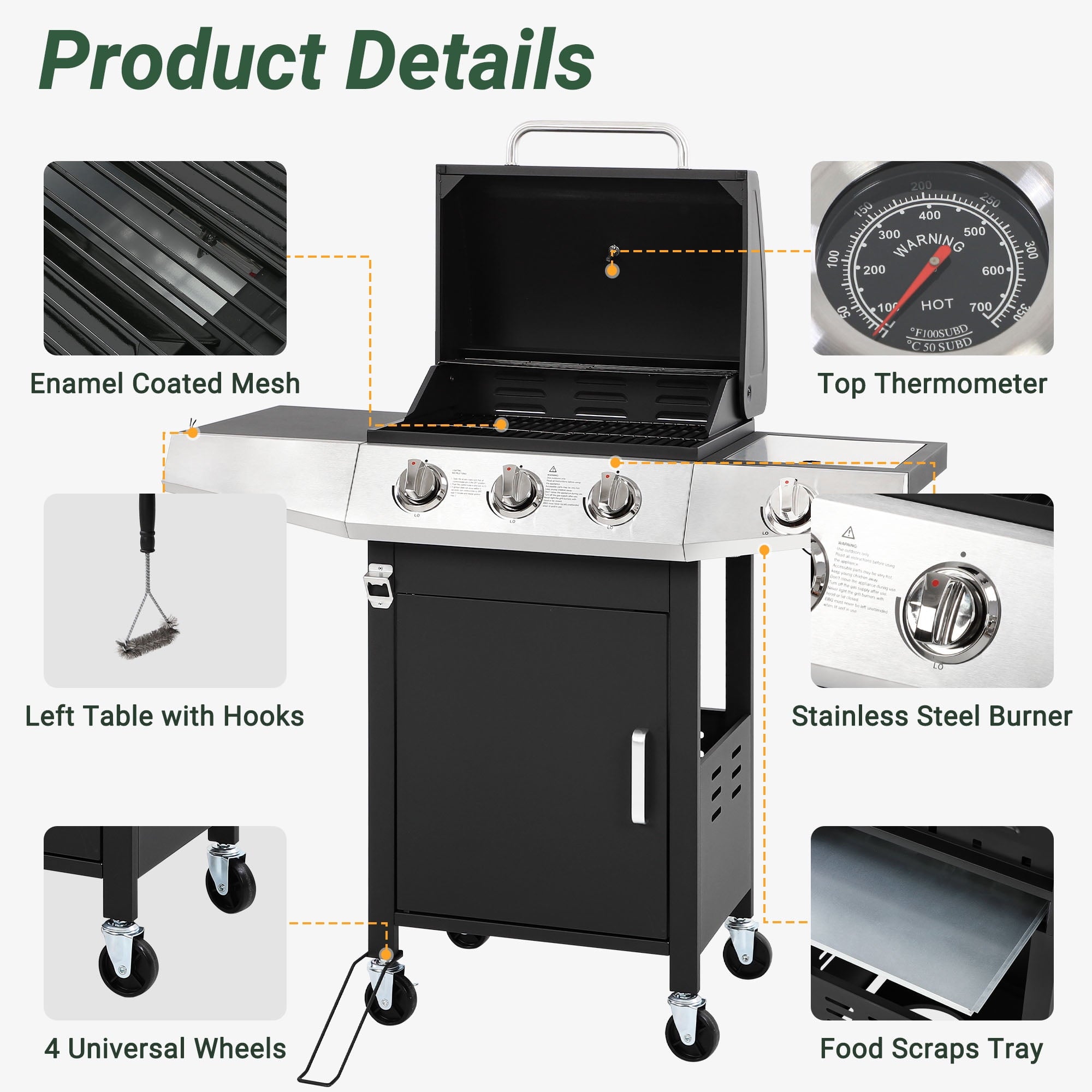 Enyopro 3-Burner Propane Gas Grill, 30000 BTU BBQ Grill with Foldable Side Table, Stainless Steel Warming Rack, Hooks, and Built-In Bottle Opener for Outdoor Barbecue