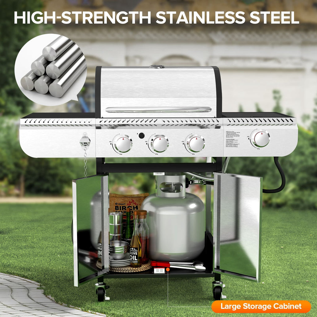 LHRIVER Stainless Steel 3 Burner Propane Gas Grill with Side Burner, 34,000 BTU Patio Garden Barbecue Grill,Porcelain-Enameled Cast Iron Grates