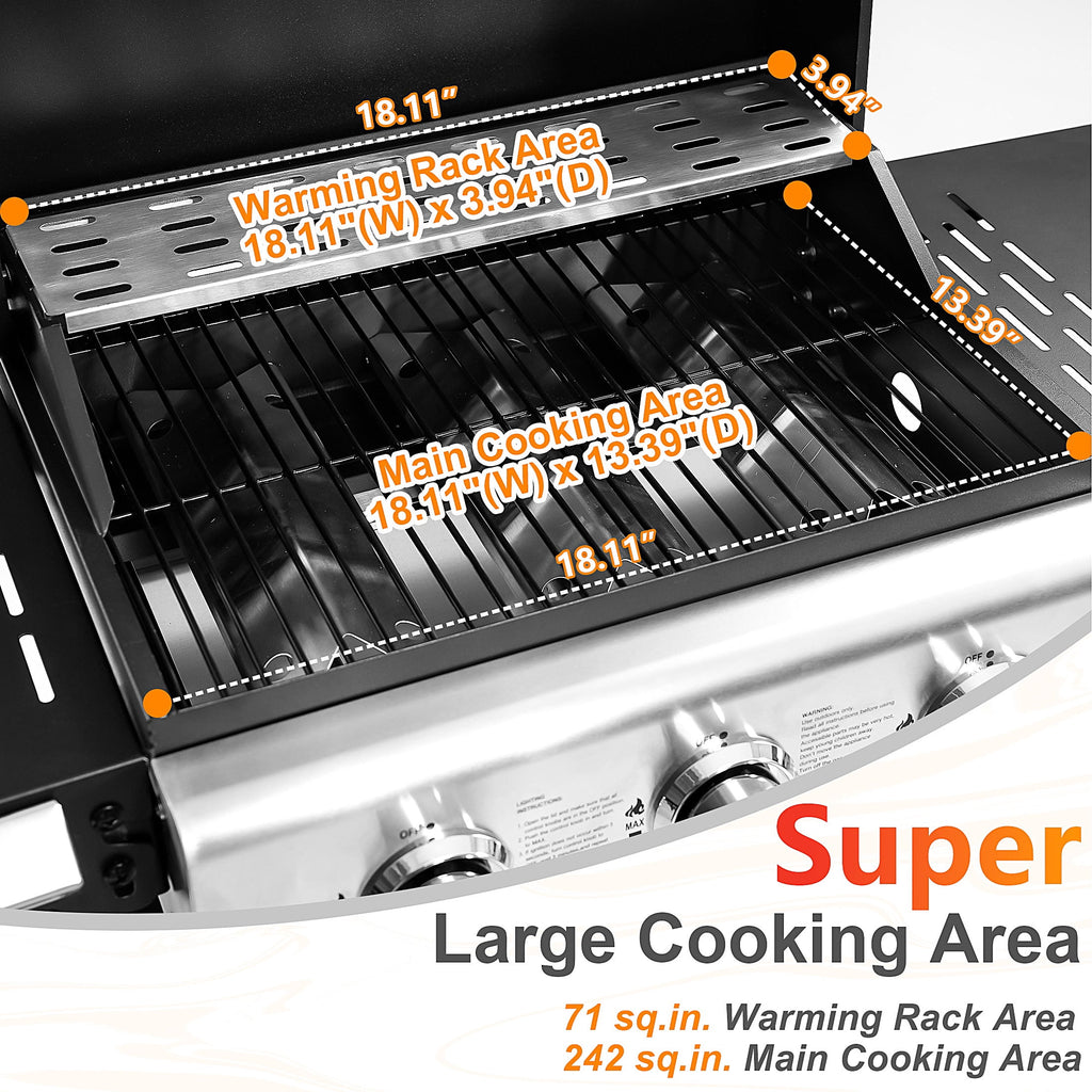 Segmart 3 Burner BBQ Propane Gas Grill, Stainless Steel 27,000 BTU Patio Garden Barbecue Grill with Side Tables, Hanging Basket & Thermometer, Perfect for Camping, Outdoor Cooking