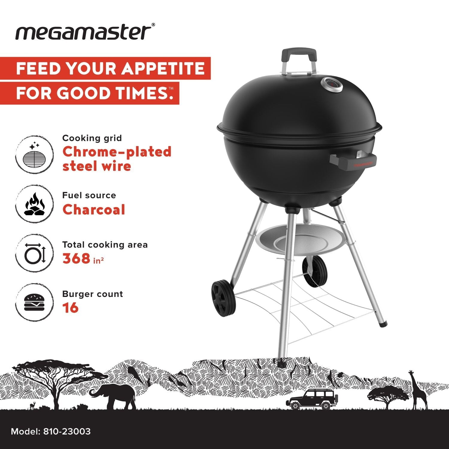 Megamaster – 22 Deluxe Charcoal Barbecue Grill with Adjustable Air Vent, Built-In Temperature Gauge, 368 SQ. In Cooking Area, Storage Rack, Portable Grill for Camping, Picnics, and More - 810-23003