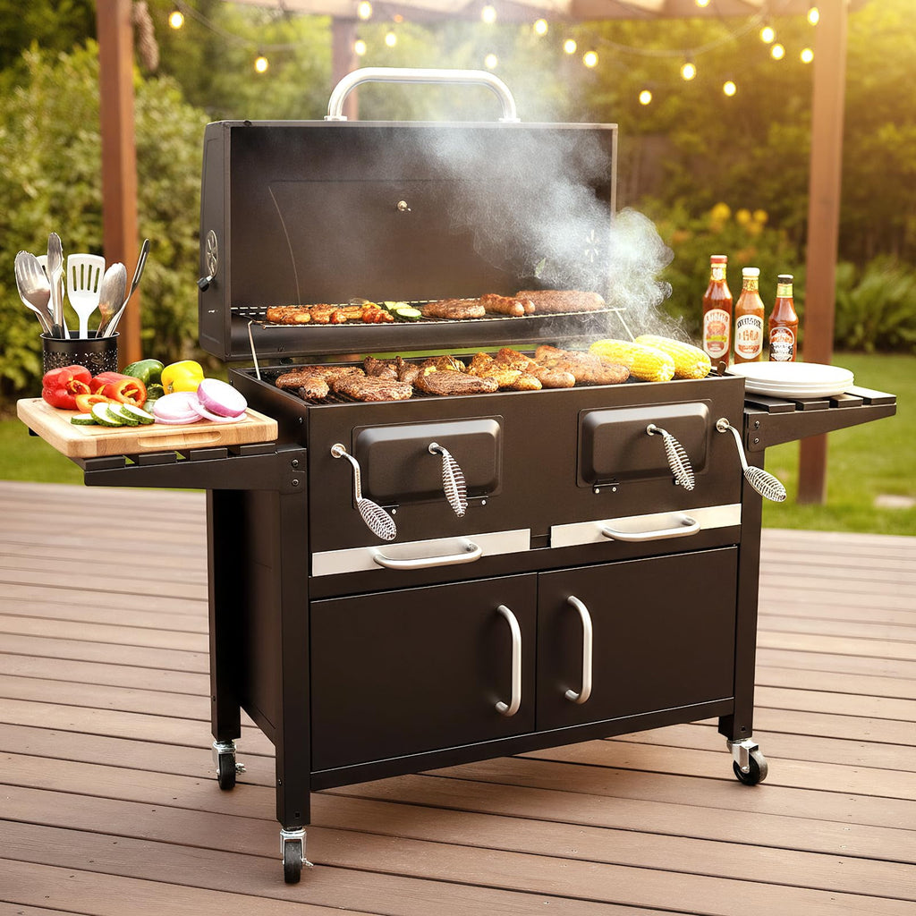 Bestfire Extra Large Charcoal BBQ Grill with Oversized Cooking Space, Dual Charcoal Trays, Enamel Grates & Chrome Warming Rack, Outdoor Barbecue Smoker with 4 Wheels & Side Tables