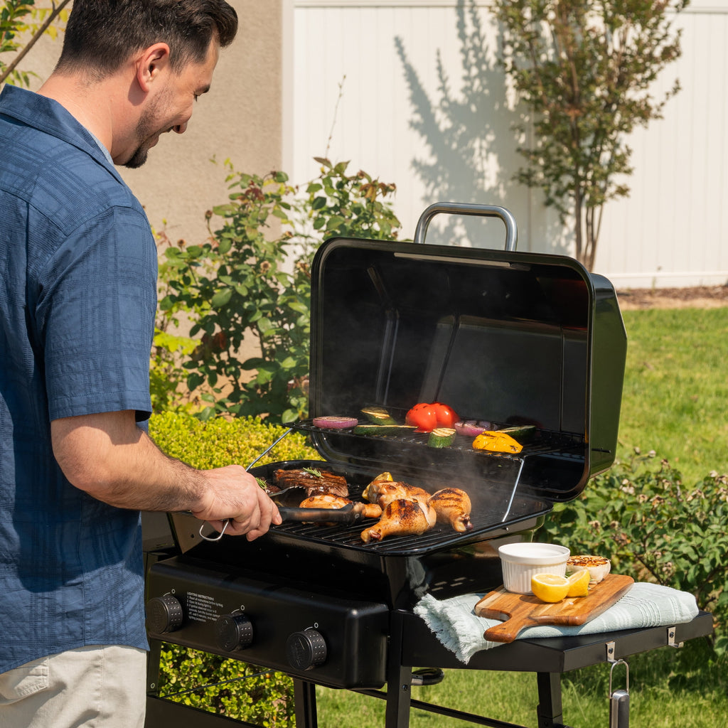 Expert Grill 3-Burner Propane Gas Grill with Wheels and Side Shelves, Black
