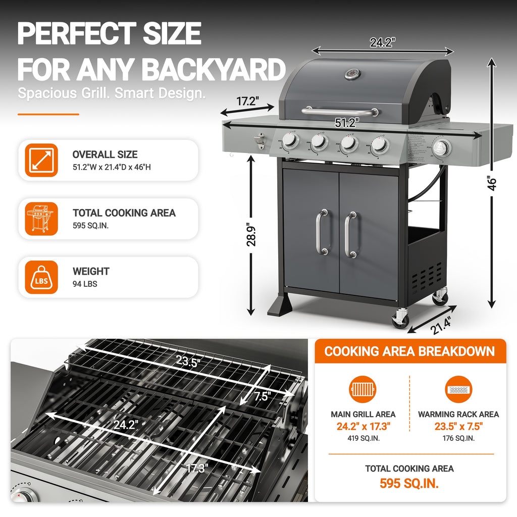3-Burner Gas Grill with Side Burner, 40,500 BTU Propane BBQ Grill with Porcelain-Enameled Cast Iron Grates, Built-in Thermometer, Ideal for Patio Camping Outdoor Cooking