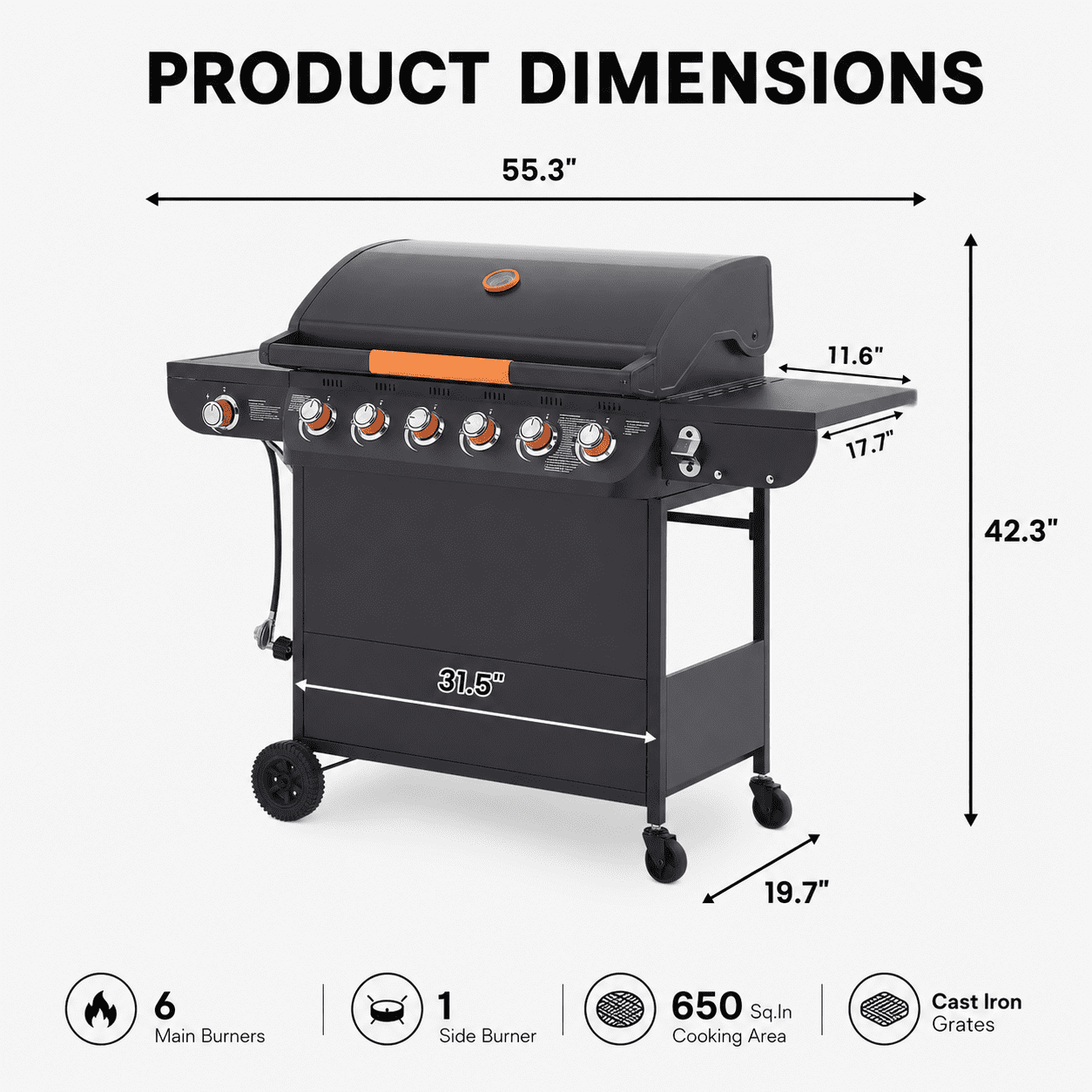 6-Burner Propane Gas Grill with Side Burner, 59000 BTU Outdoor BBQ Grill with Porcelain-Enameled Grates, Warming Rack, Side Tables, Bottle Opener, Thermometer and Wheels for Patio Backyard Cooking