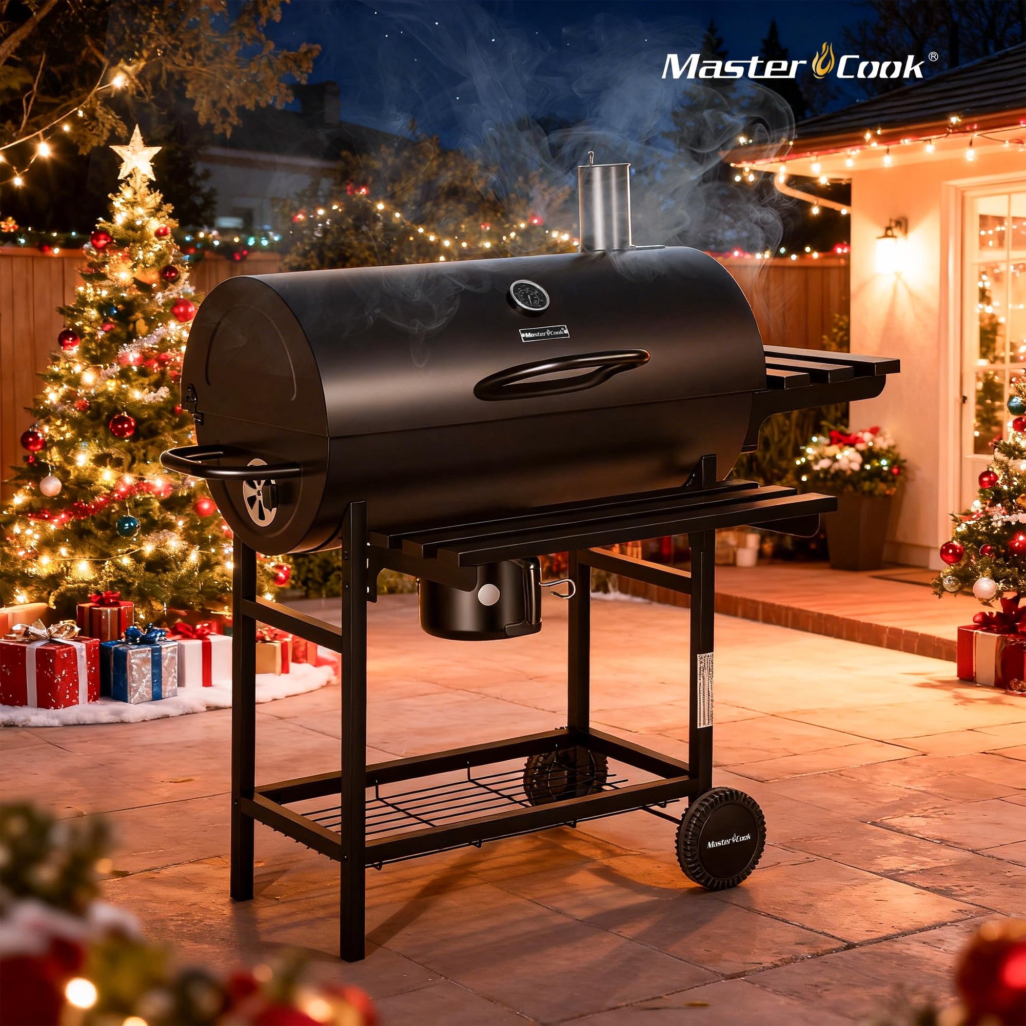 MASTER COOK Barrel Charcoal Grill with Foldable Shelf, Outdoor BBQ Smoker Grill with Thermometer and Adjustable Air Vents