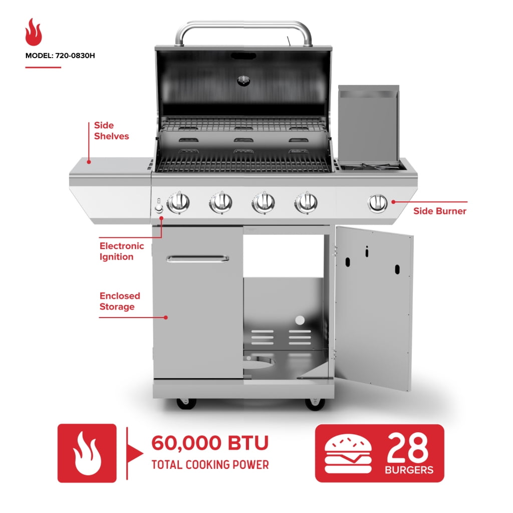Nexgrill 4-Burner Propane Gas Grill with Side Burner, Stainless Steel Frame, 626 SQ In Total Cooking Space, 60,000 BTUs Output, BBQ Grill Perfect for Outdoor Gatherings - 720-0830H