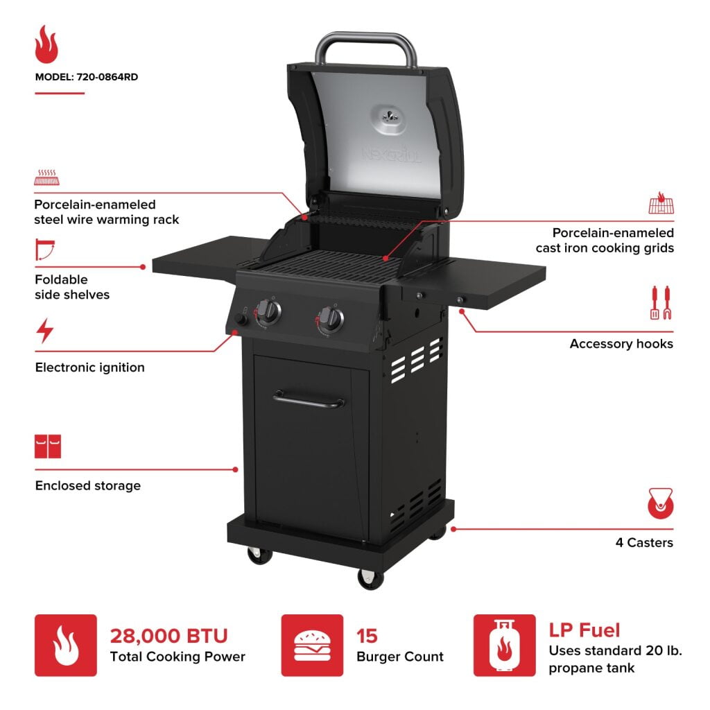 Nexgrill Deluxe 2-Burner Gas Grill with 401 SQ In Grate, 28000 BTUs, Stainless Steel Control Panel & Foldable Side Table, Propane BBQ Grill for Outdoor Cooking, Patios, Backyards and More -720-0864RA