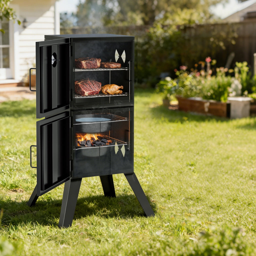Kingchii Vertical Charcoal Smoker BBQ Grill with Built-in Thermometer, Portable Smoker for Backyard, Camping, Barbecue, and Outdoor Grilling