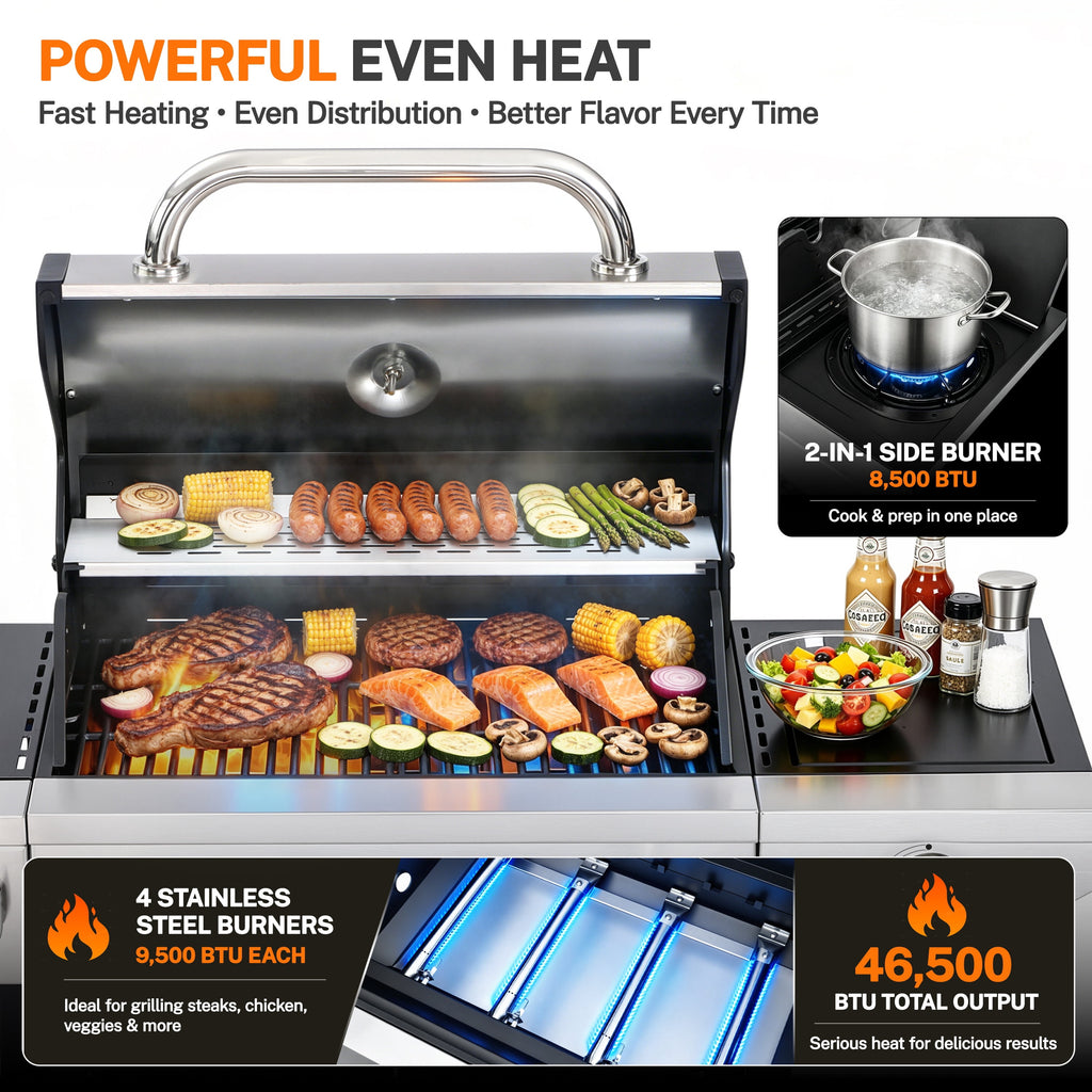 Segmart 3 Burner Propane Gas Grill with Side Burner, 37,000 BTU Outdoor Cooking BBQ Grill with Porcelain-Enameled Cast Iron Grates, Equipped with Temperature, Tool Hooks, and Bottle Opener