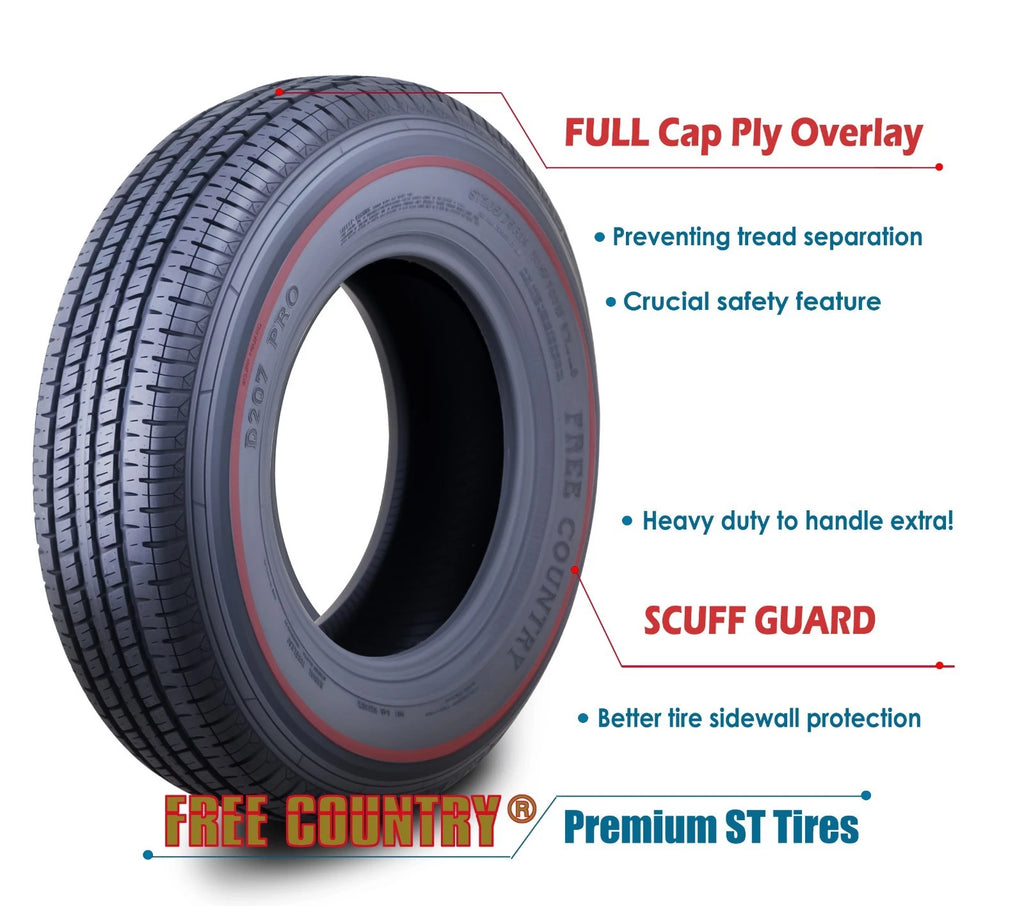 Free Country Heavy Duty ST205/75R15 10PR Load Range E Steel Belted Radial w/Scuff Guard Trailer Tire, Set of 4