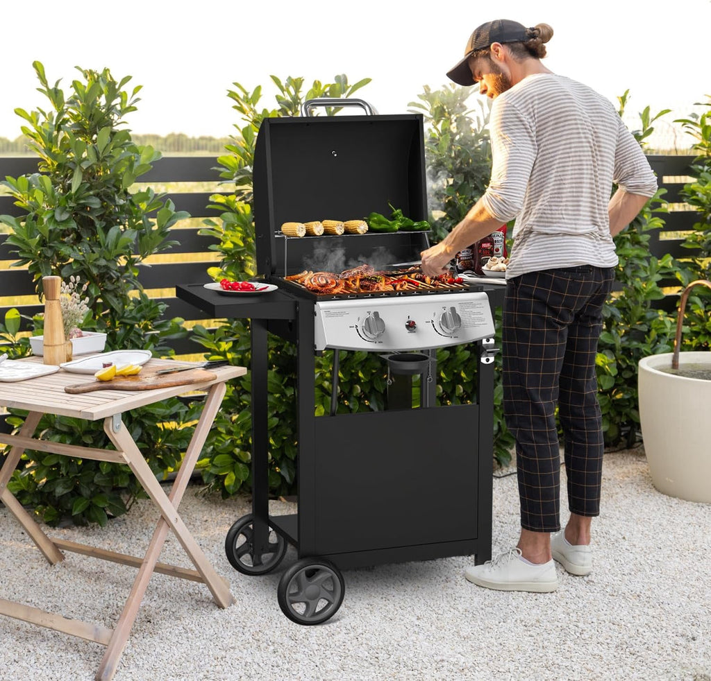 3-Burner Propane Gas Grill with Side Burner,34,000 BTU Stainless Steel BBQ Grill with Side Shelves and Wheels,Outdoor Grill for for Patio,Backyard,Garden,Camping Cooking