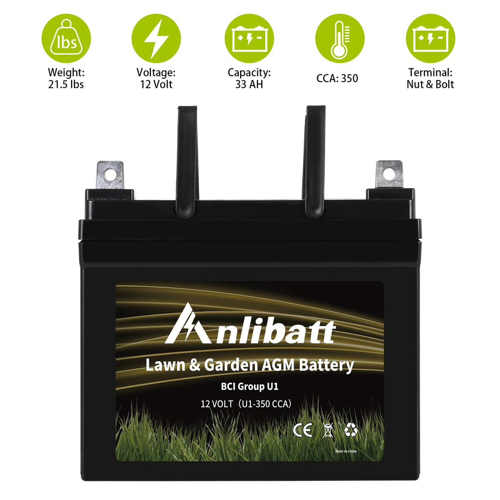 ANLIBATT Lawn Mower Battery AGM Group Size U1 12 Volt 320 CCA BMS Sealed Lead Acid Batteries for John Deere Cub Cadet Garden Tractor Lawnmower