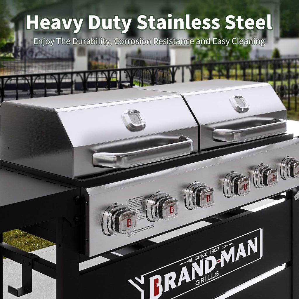 Brand Man Propane Gas & Charcoal Grill Combo with Griddle Dual Fuel BBQ Grill for Outdoor Barbecue, Black