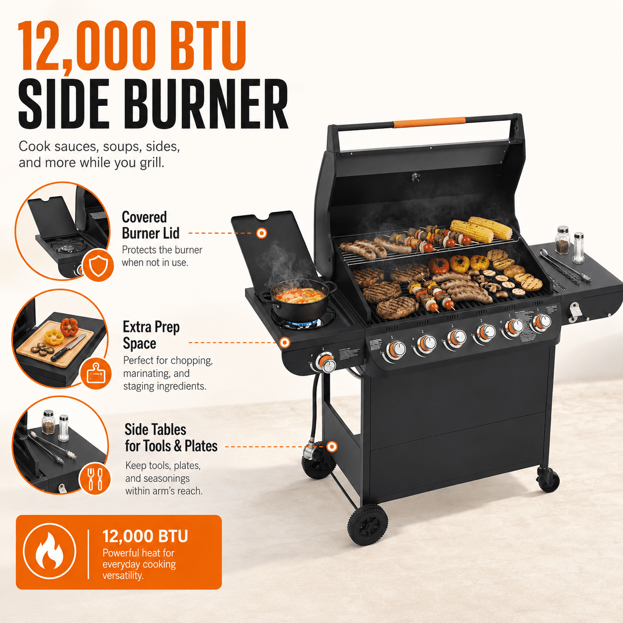 6-Burner Propane Gas Grill with Side Burner, 59000 BTU Outdoor BBQ Grill with Porcelain-Enameled Grates, Warming Rack, Side Tables, Bottle Opener, Thermometer and Wheels for Patio Backyard Cooking