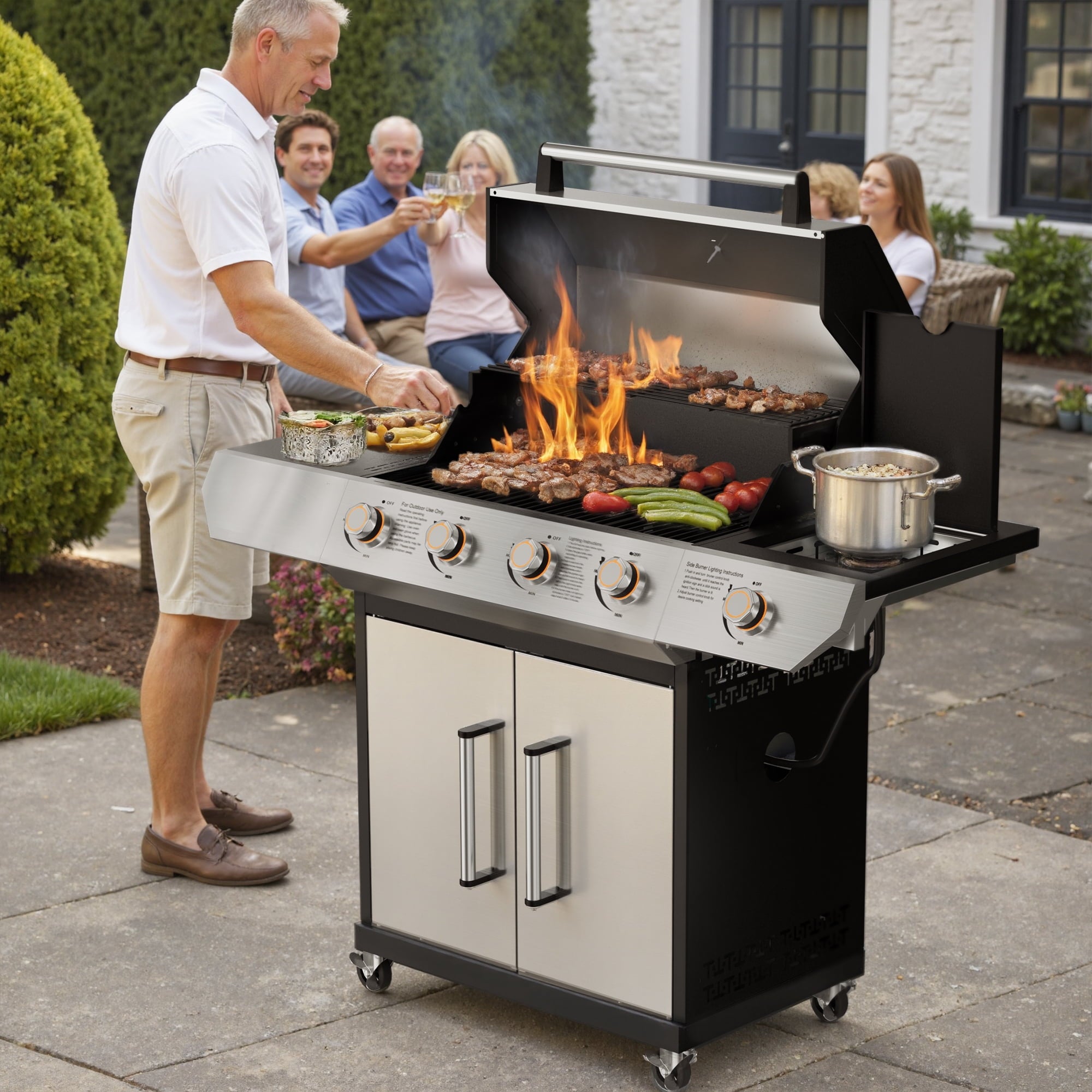 SKOK 4 Burner Gas Grill with Side Burner, 58000 BTU &393 sq.in Cooking Surface, Outdoor Propane Barbecue Grill for Patio & Backyard
