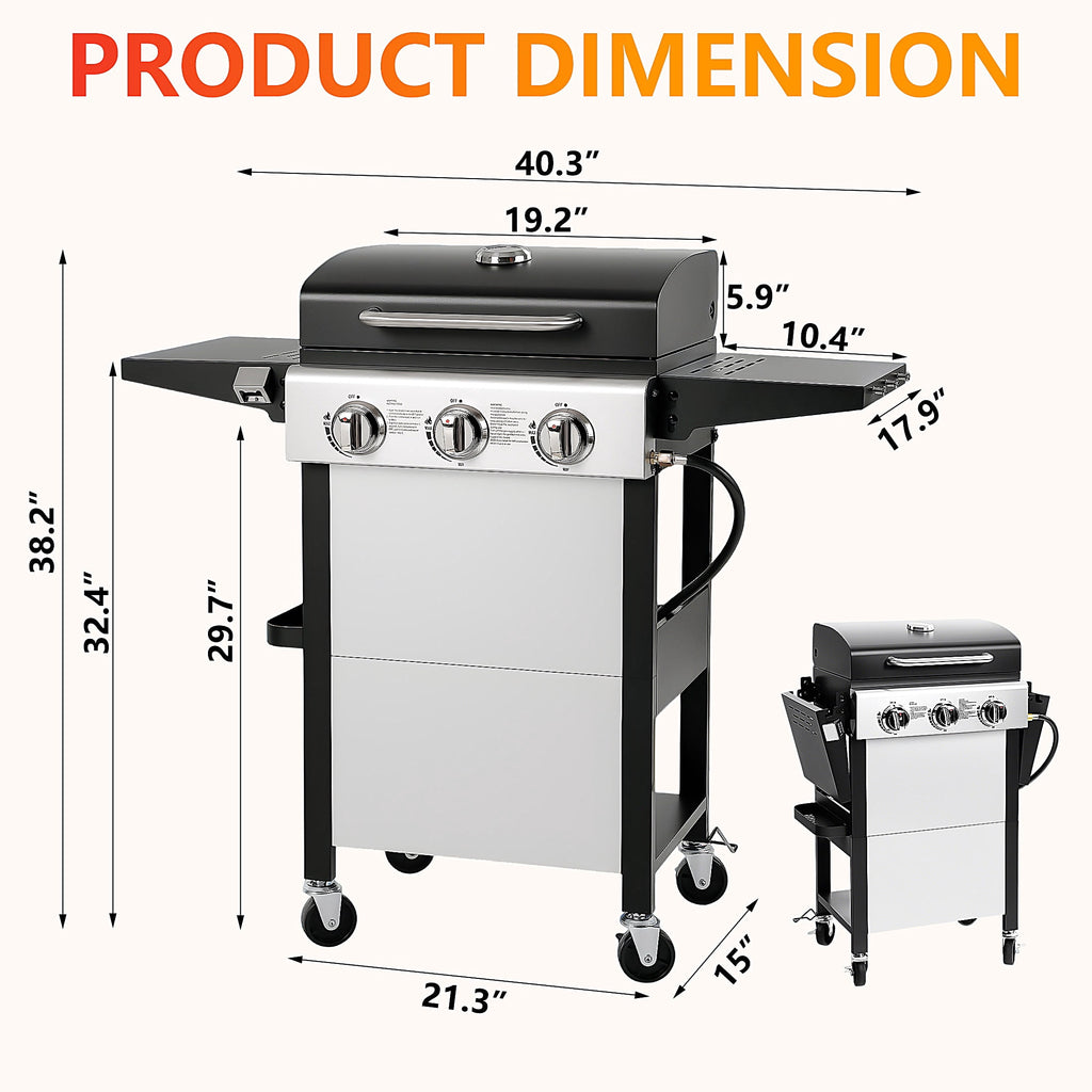 Segmart 3 Burner BBQ Propane Gas Grill, Stainless Steel 27,000 BTU Patio Garden Barbecue Grill with Side Tables, Hanging Basket & Thermometer, Perfect for Camping, Outdoor Cooking
