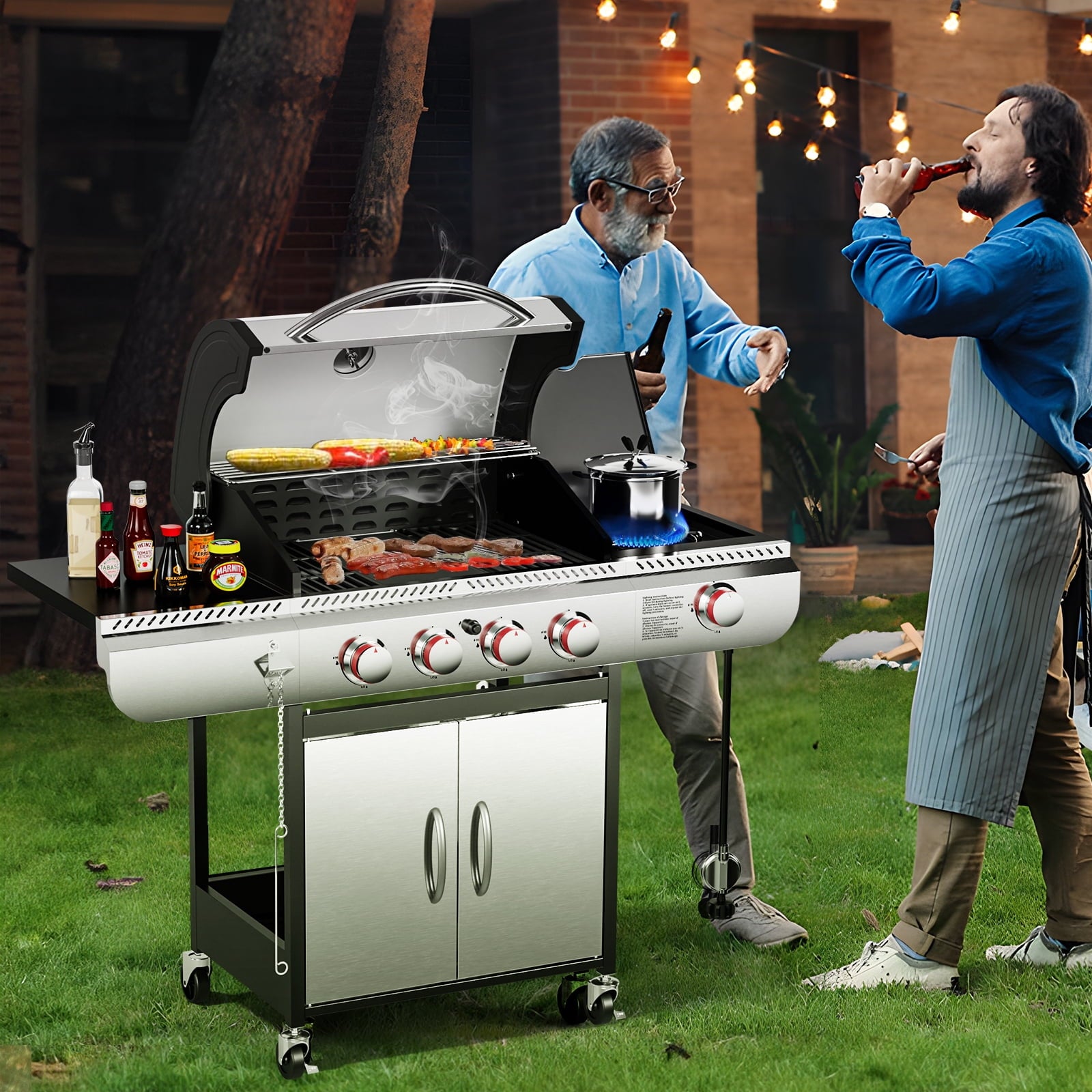 3-Burner Propane Gas Grill with Side Burner,34,000 BTU Stainless Steel BBQ Grill with Side Shelves and Wheels,Outdoor Grill for for Patio,Backyard,Garden,Camping Cooking