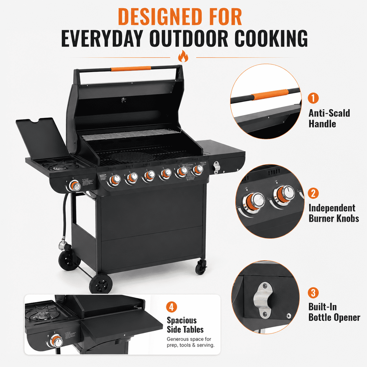 6-Burner Propane Gas Grill with Side Burner, 59000 BTU Outdoor BBQ Grill with Porcelain-Enameled Grates, Warming Rack, Side Tables, Bottle Opener, Thermometer and Wheels for Patio Backyard Cooking