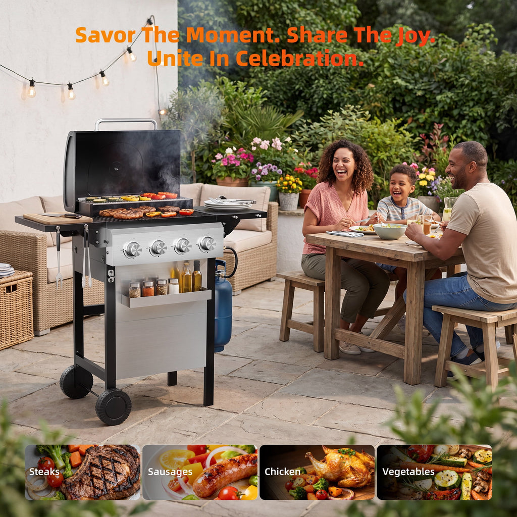 Biotree 4 Burner BBQ Propane Gas Grill, Stainless Steel 38,000 BTU Patio Garden Barbecue Grill with Two Foldable Shelves