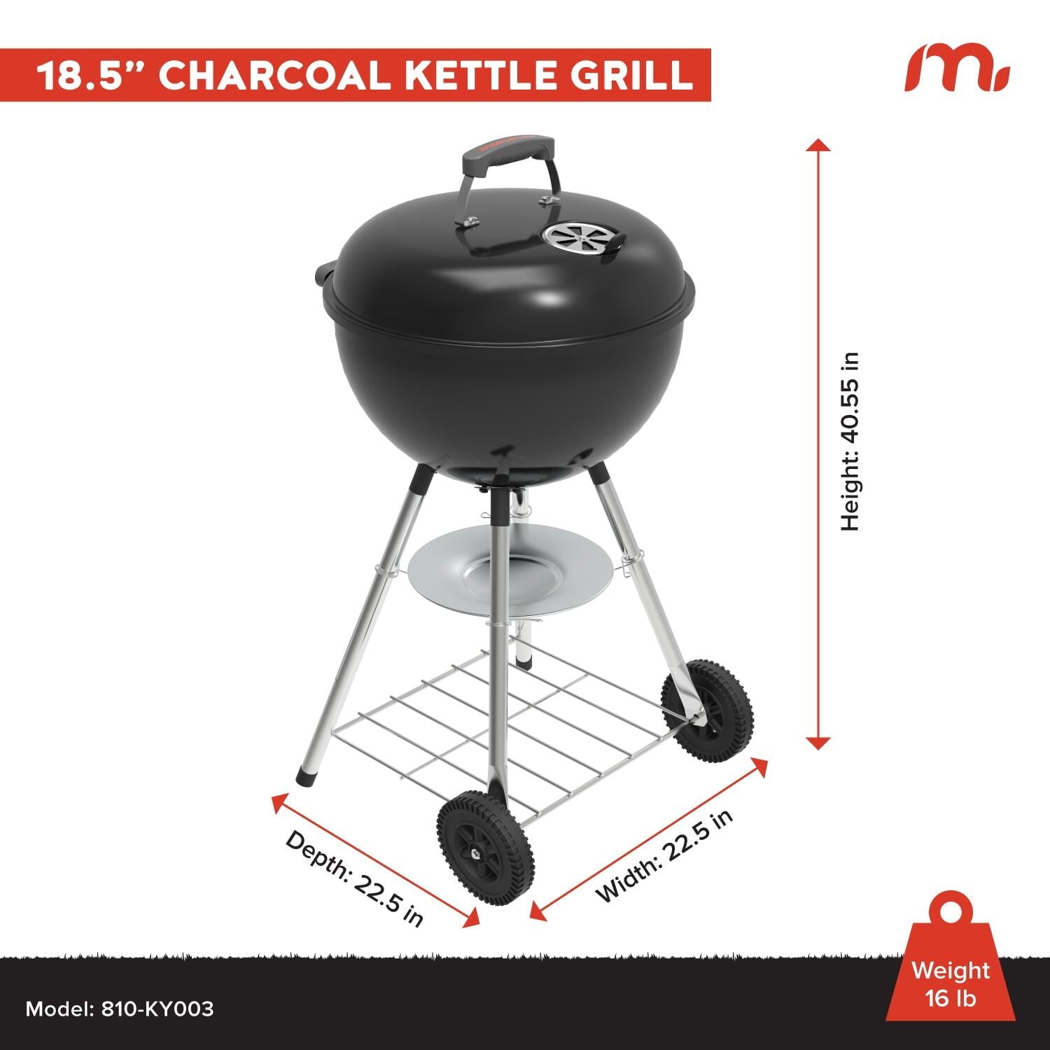 Megamaster – 22 Deluxe Charcoal Barbecue Grill with Adjustable Air Vent, Built-In Temperature Gauge, 368 SQ. In Cooking Area, Storage Rack, Portable Grill for Camping, Picnics, and More - 810-23003