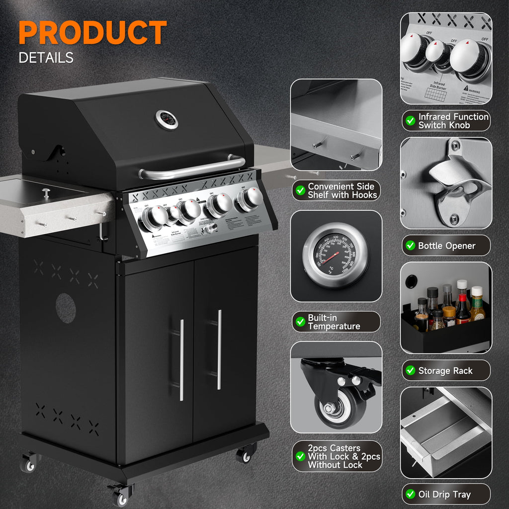 SKOK 4 Burner Gas Grill with Side Burner, 58000 BTU &393 sq.in Cooking Surface, Outdoor Propane Barbecue Grill for Patio & Backyard