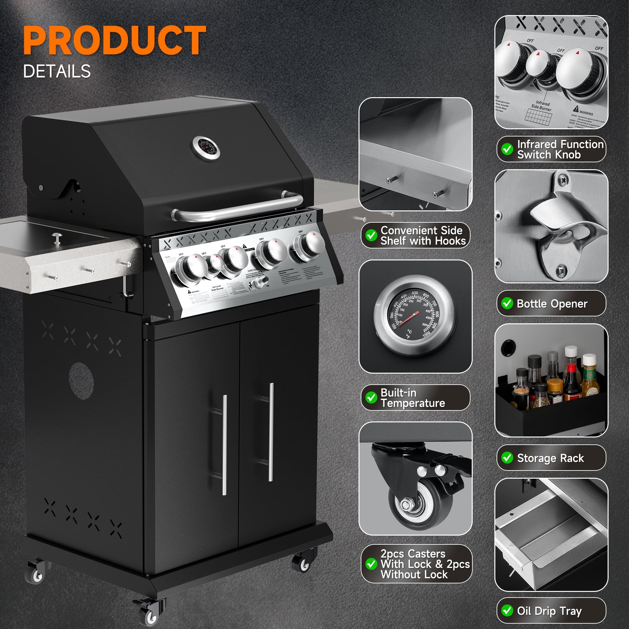 SKOK 4 Burner Gas Grill with Side Burner, 58000 BTU &393 sq.in Cooking Surface, Outdoor Propane Barbecue Grill for Patio & Backyard