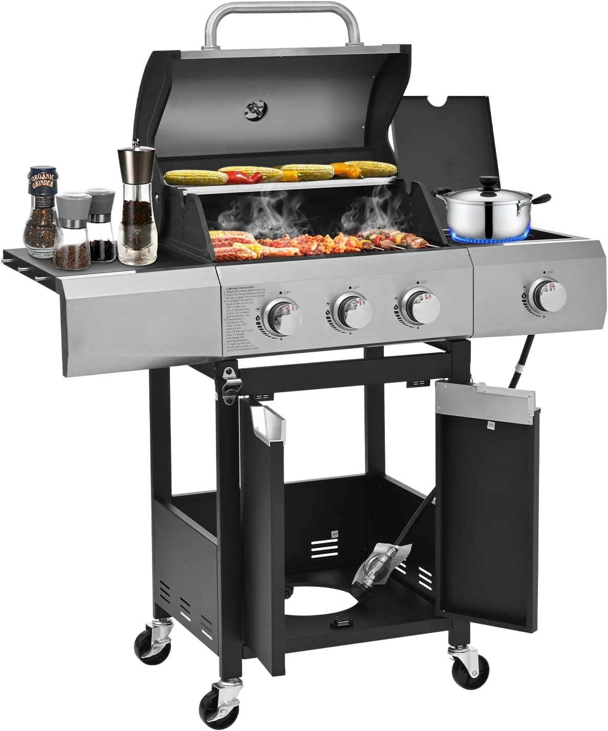 Highsound 4-Burner Propane Gas Grill with Side Burner, 51,000 BTU Outdoor Barbecue Grill, Stainless Steel BBQ Grill for Backyard Cooking, Black