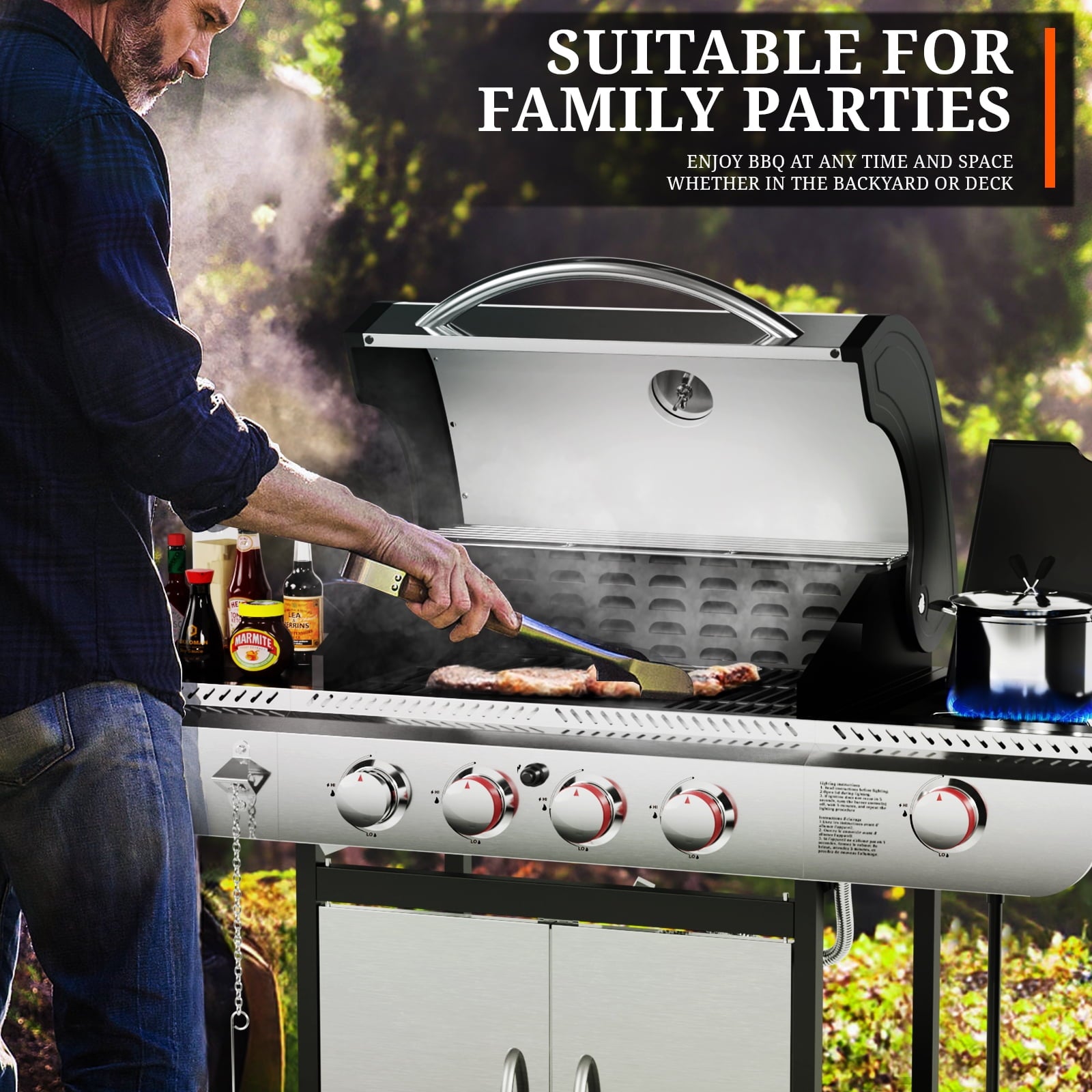 3-Burner Propane Gas Grill with Side Burner,34,000 BTU Stainless Steel BBQ Grill with Side Shelves and Wheels,Outdoor Grill for for Patio,Backyard,Garden,Camping Cooking