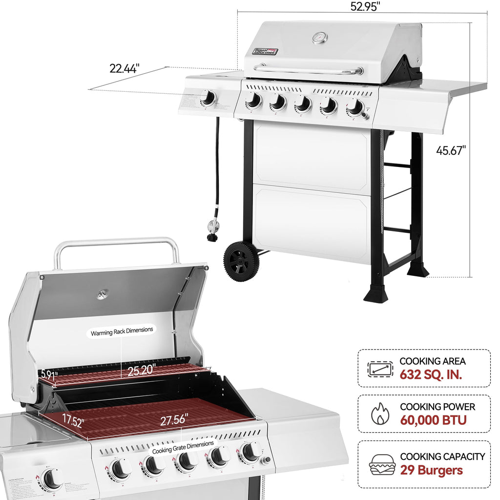 Royal Gourmet GA5401T 5-Burner BBQ Liquid Propane Gas Grill with Side Burner, Stainless Steel 60,000 BTU Barbecue Grill for Patio Garden Picnic Backyard Party, Silver