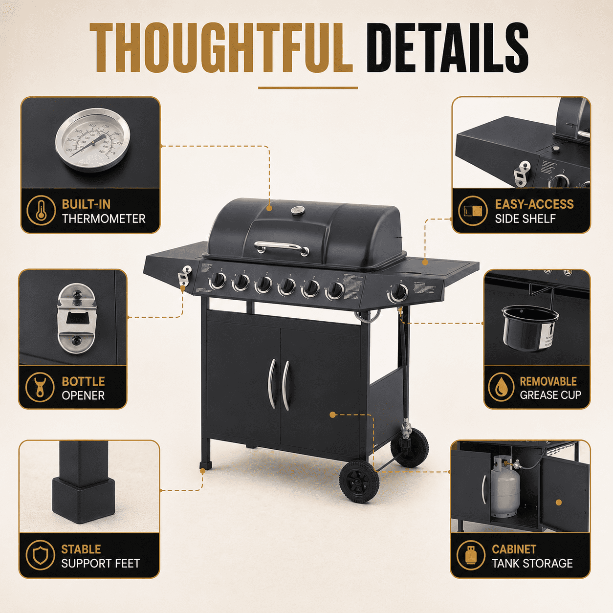 6-Burner Propane Gas Grill with Side Burner, 59000 BTU Outdoor BBQ Grill with Porcelain-Enameled Grates, Warming Rack, Side Tables, Bottle Opener, Thermometer and Wheels for Patio Backyard Cooking