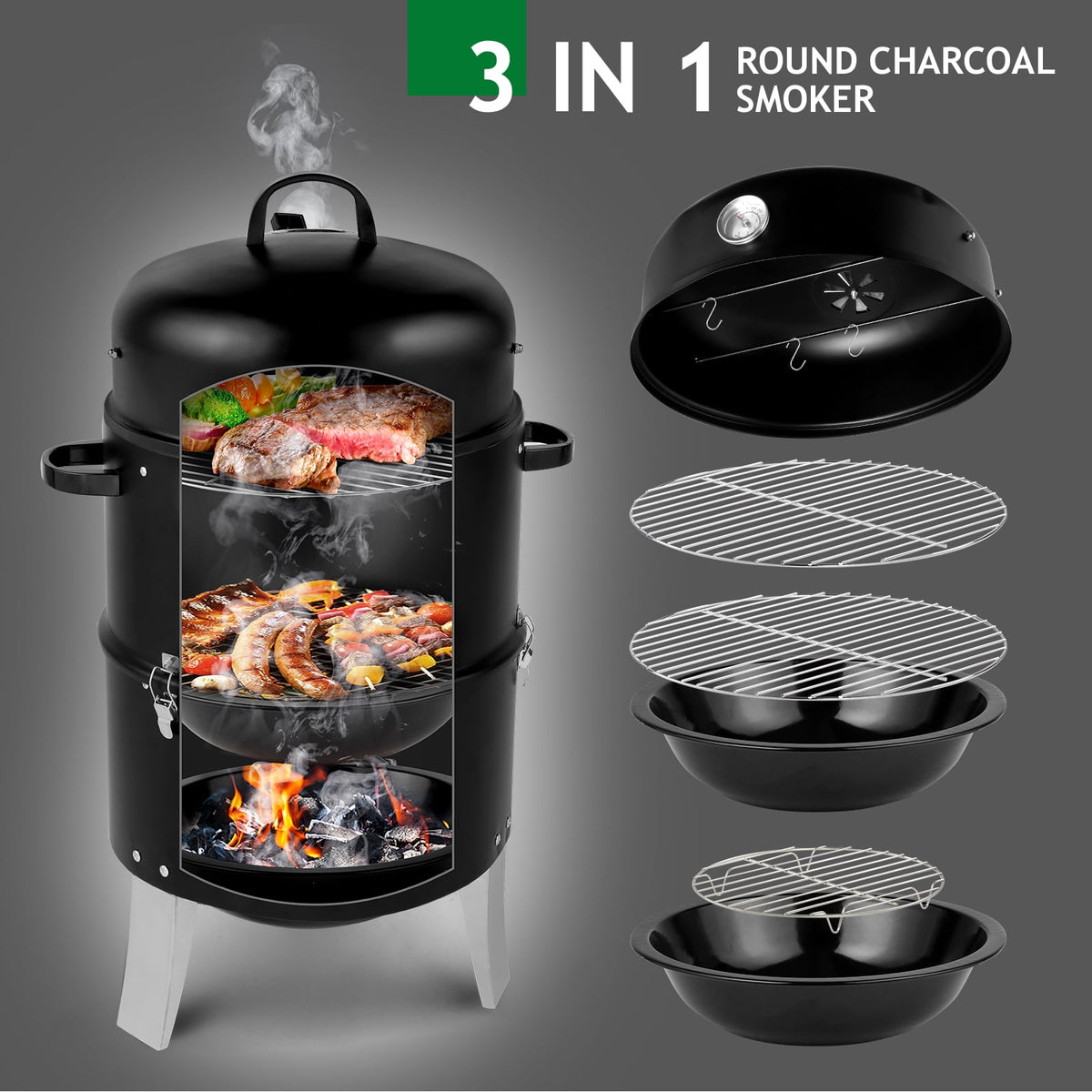 Zimtown BBQ Charcoal Grill Outdoor Barbecue Pit Smoker with 3 Levels Patio Backyard Black