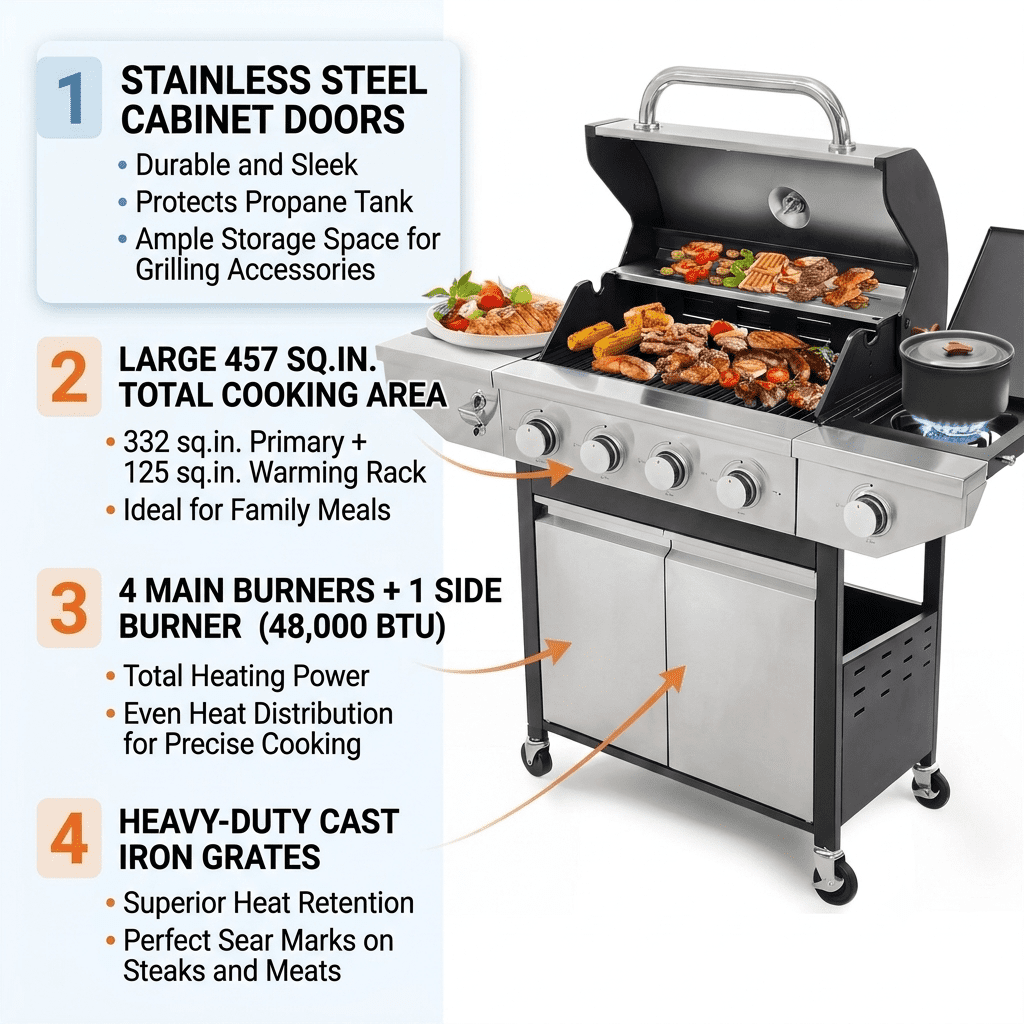 Highsound 4-Burner Propane Gas Grill with Side Burner, 51,000 BTU Outdoor Barbecue Grill, Stainless Steel BBQ Grill for Backyard Cooking, Black